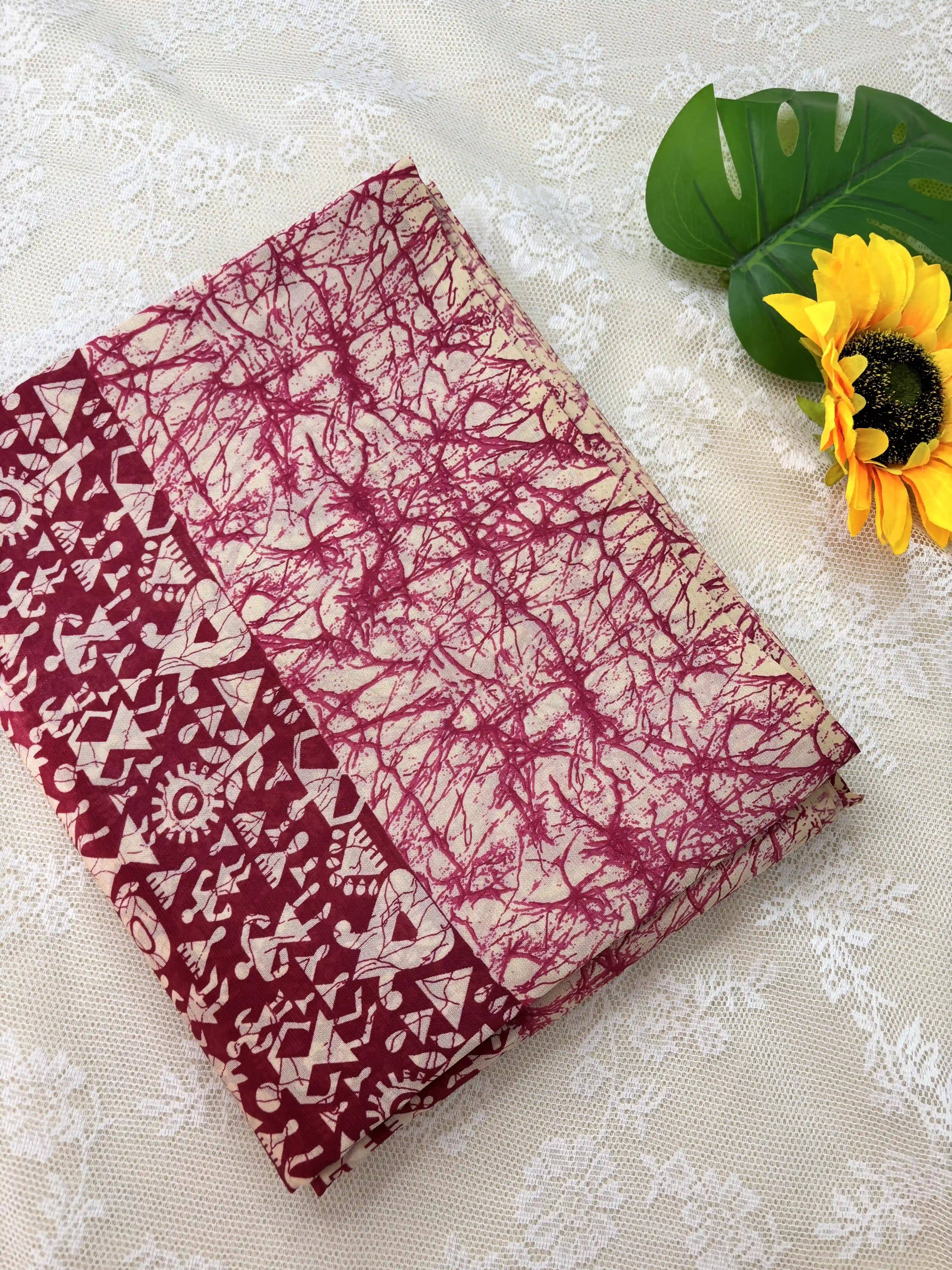 Red Malabar Silk Saree with Warli Print Body and Marble pattern Border and pallu