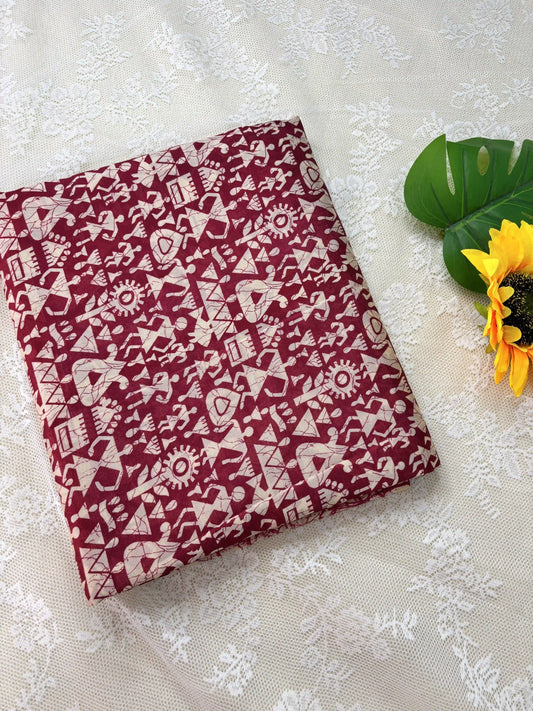 Red Malabar Silk Saree with Warli Print Body and Marble pattern Border and pallu