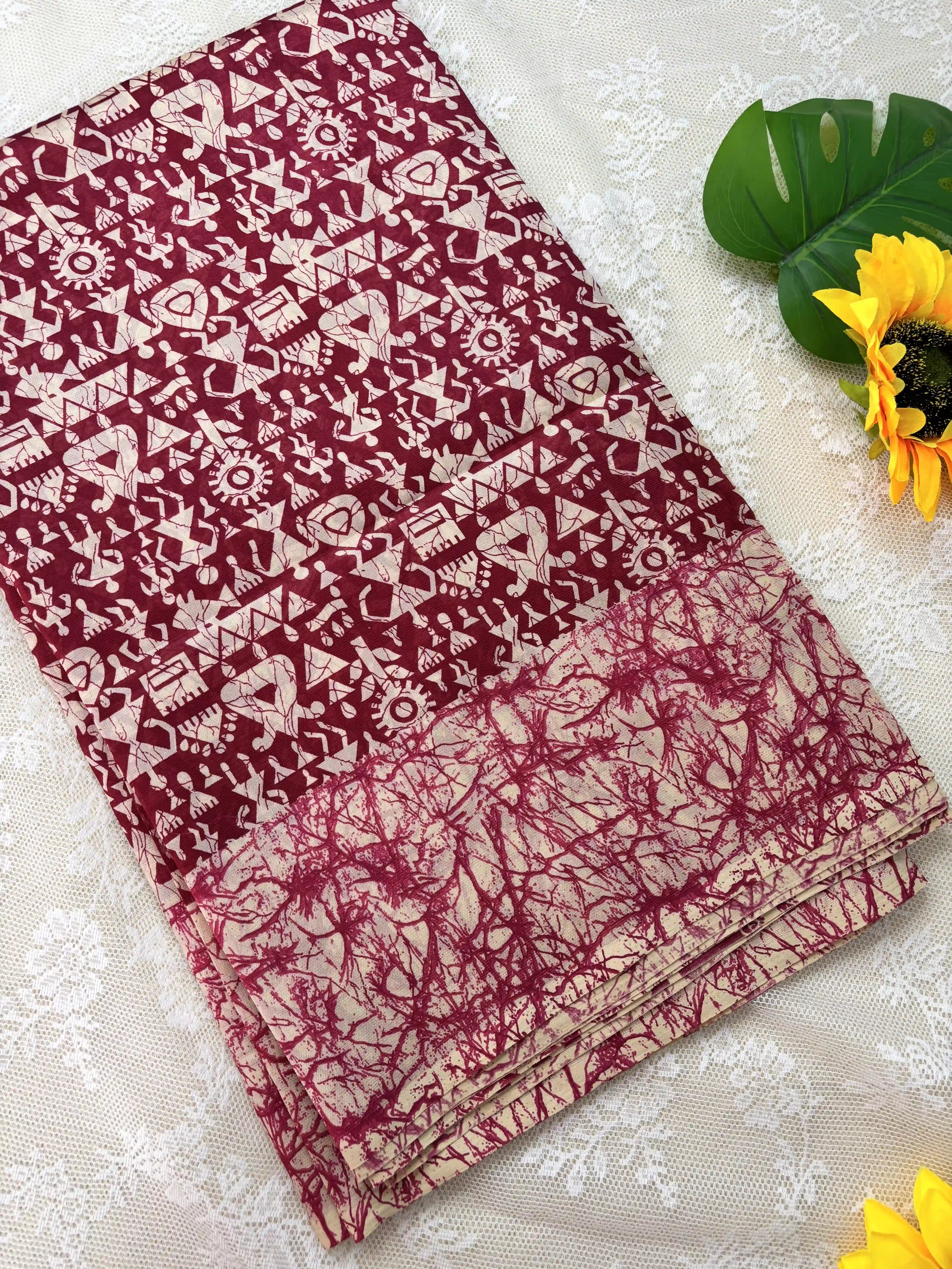 Red Malabar Silk Saree with Warli Print Body and Marble pattern Border and pallu