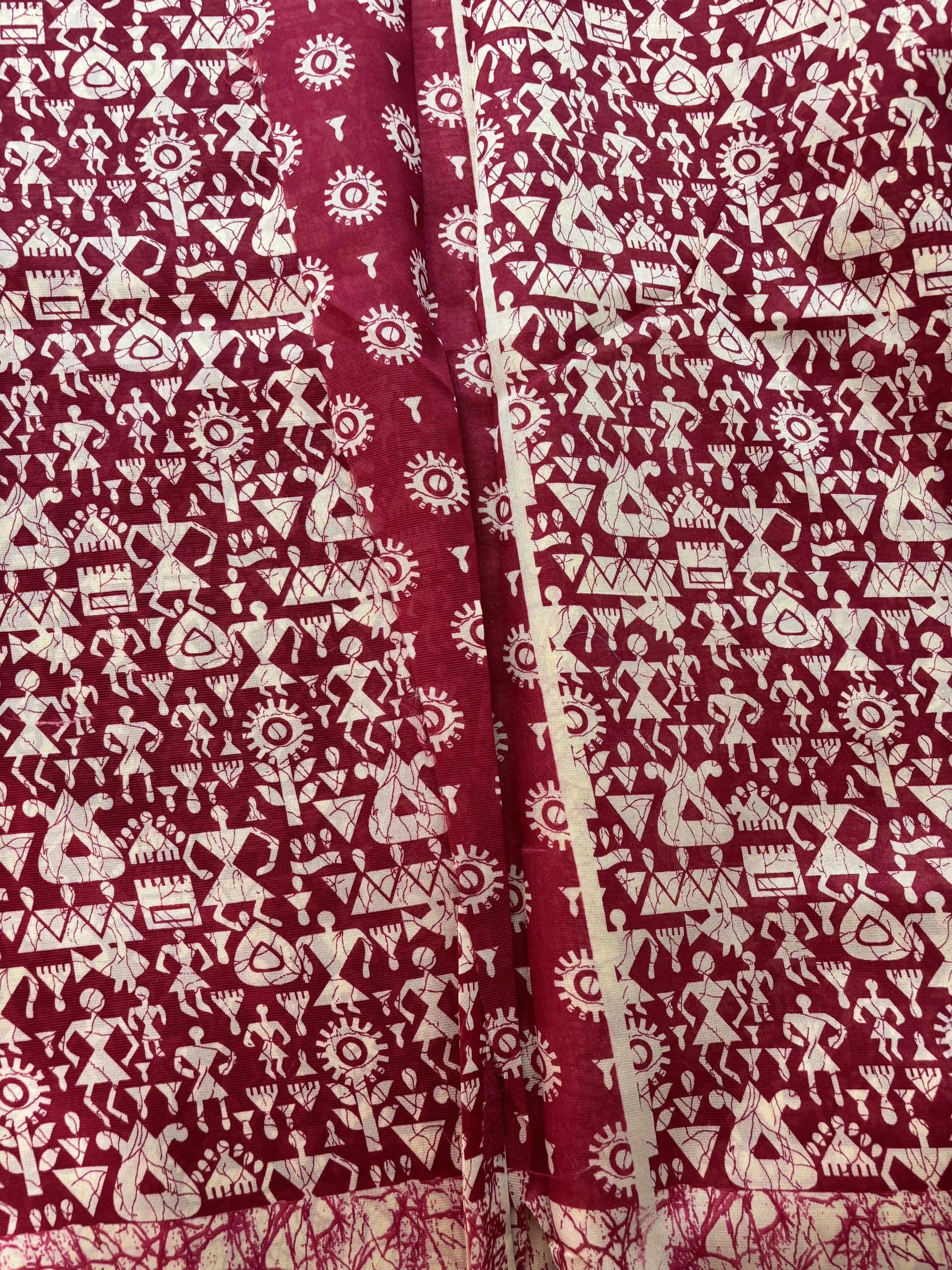 Red Malabar Silk Saree with Warli Print Body and Marble pattern Border and pallu
