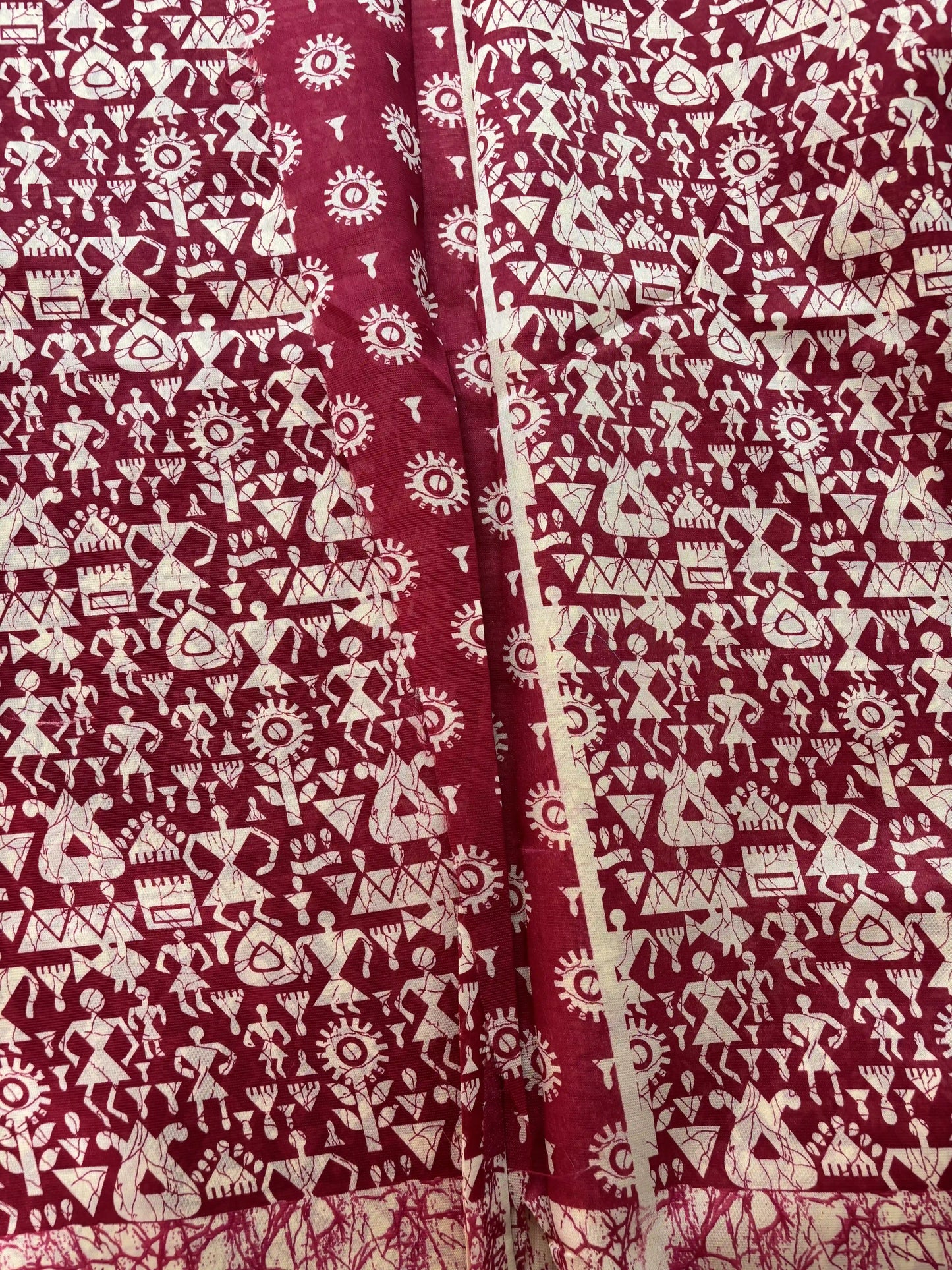Red Malabar Silk Saree with Warli Print Body and Marble pattern Border and pallu