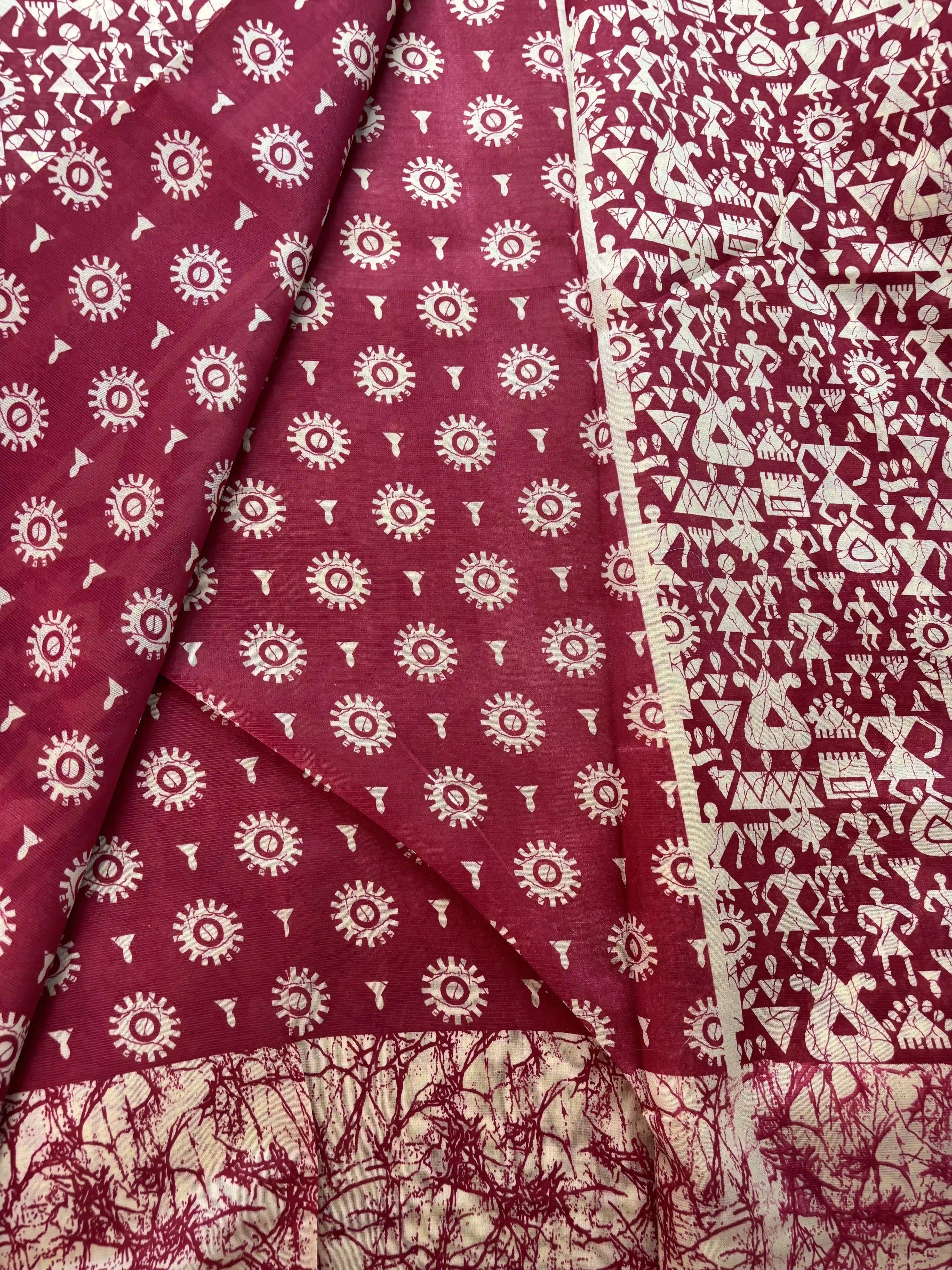 Red Malabar Silk Saree with Warli Print Body and Marble pattern Border and pallu