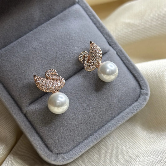 Rose Gold Swan Stud Earrings with Pearl Drop | ER-T1-001