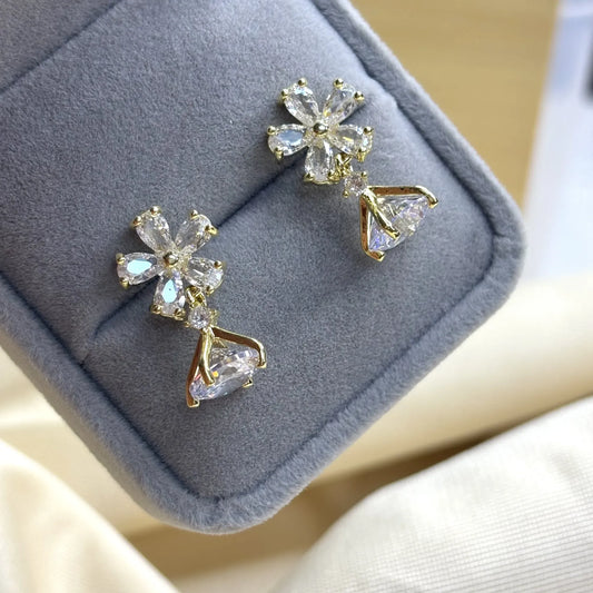 Gold Floral Stud Earrings with Geometric Drop | ER-T1-012