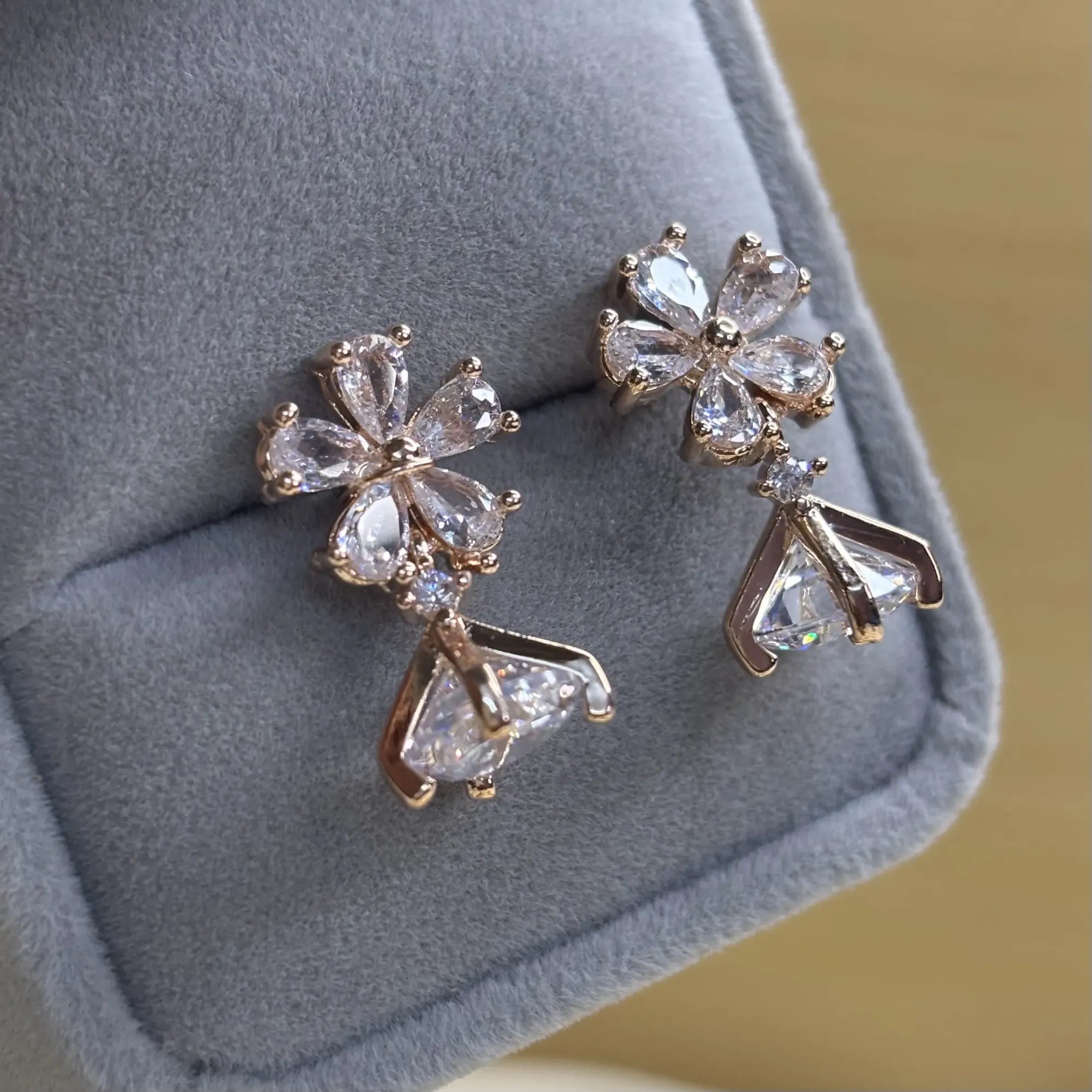Rose Gold Floral Stud Earrings with Geometric Drop | ER-T1-013
