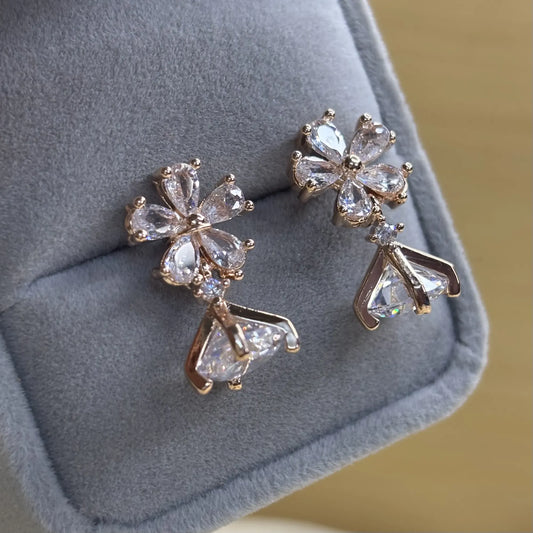 Rose Gold Floral Stud Earrings with Geometric Drop | ER-T1-013