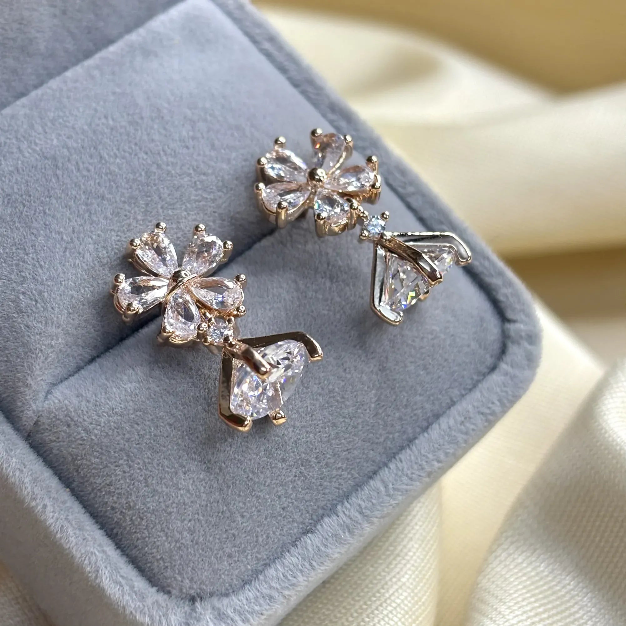 Rose Gold Floral Stud Earrings with Geometric Drop | ER-T1-013