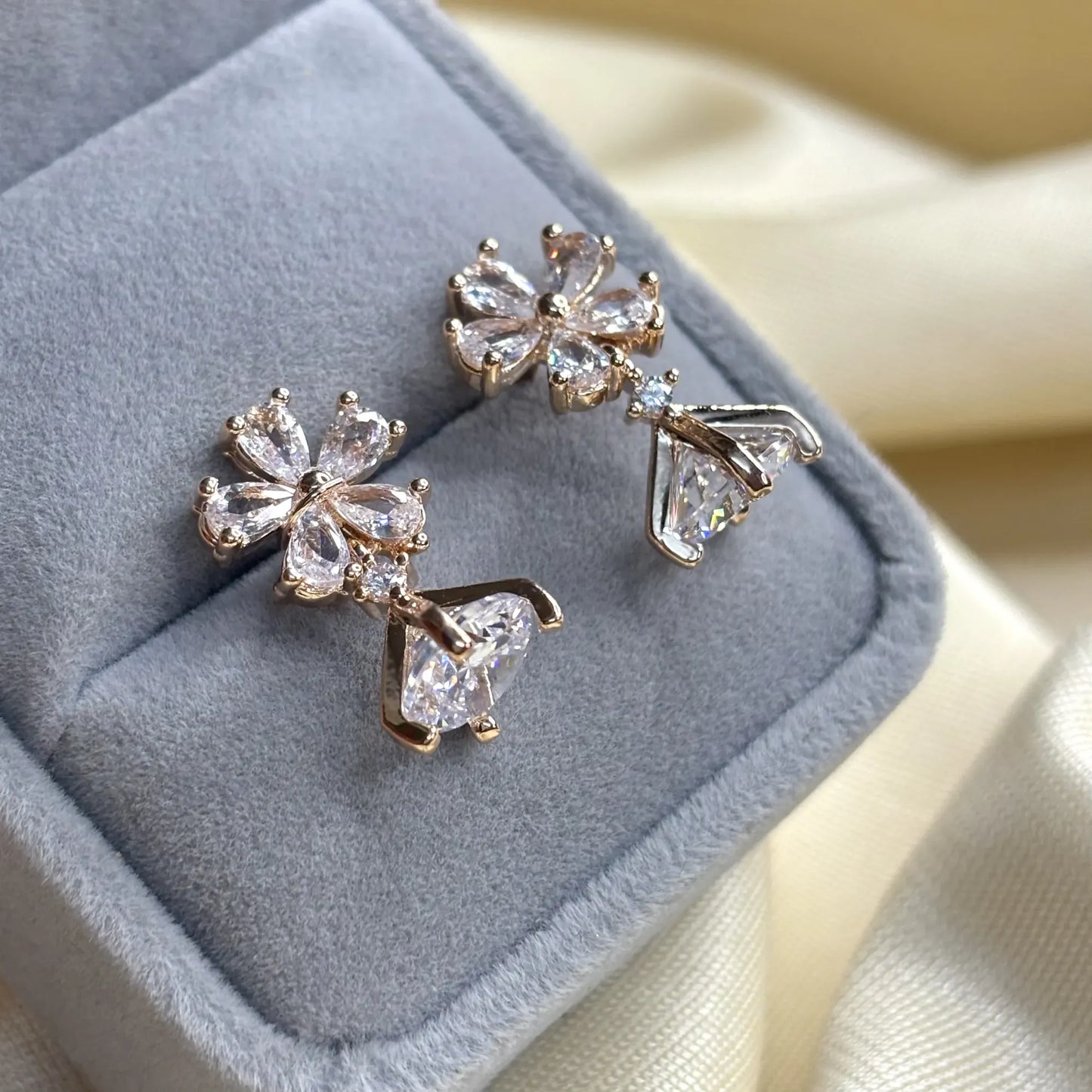 Rose Gold Floral Stud Earrings with Geometric Drop | ER-T1-013
