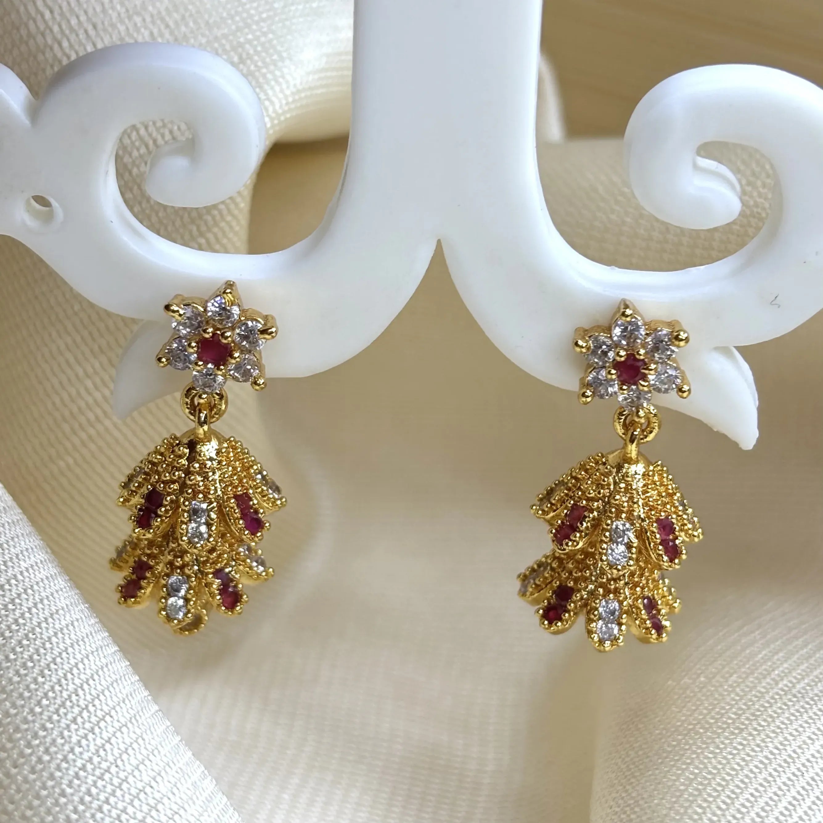 Classic White and Red Stone Jhumkas with Floral Layers | ER-T1-017
