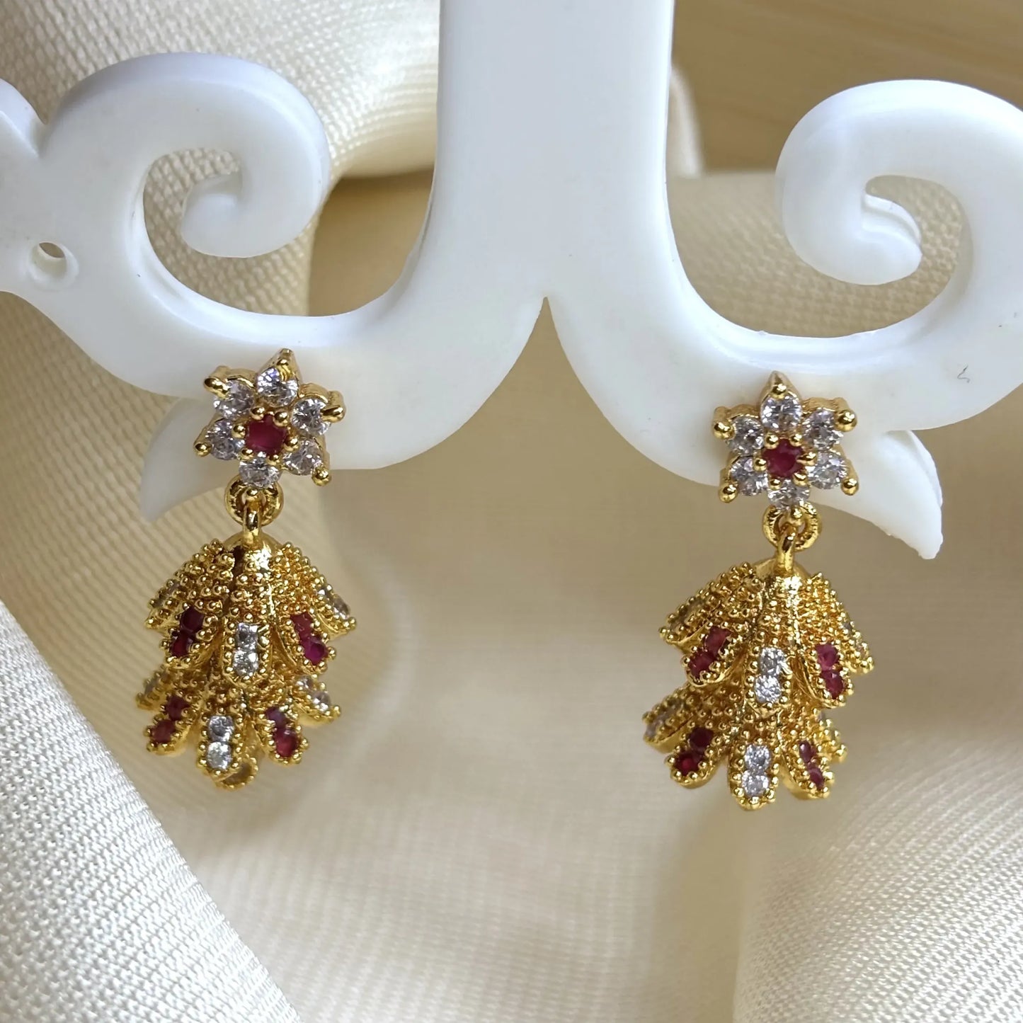 Classic White and Red Stone Jhumkas with Floral Layers | ER-T1-017