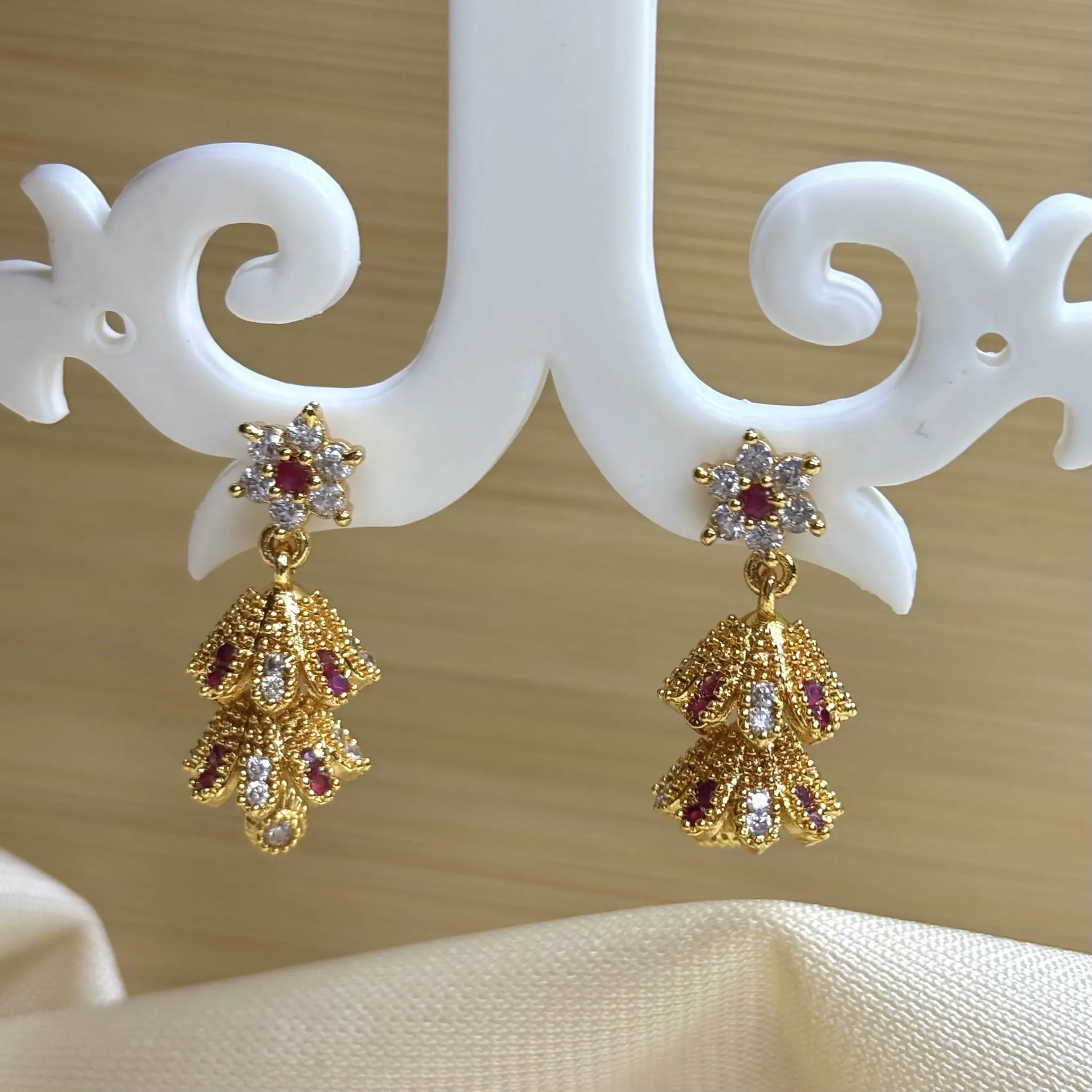 Classic White and Red Stone Jhumkas with Floral Layers | ER-T1-017