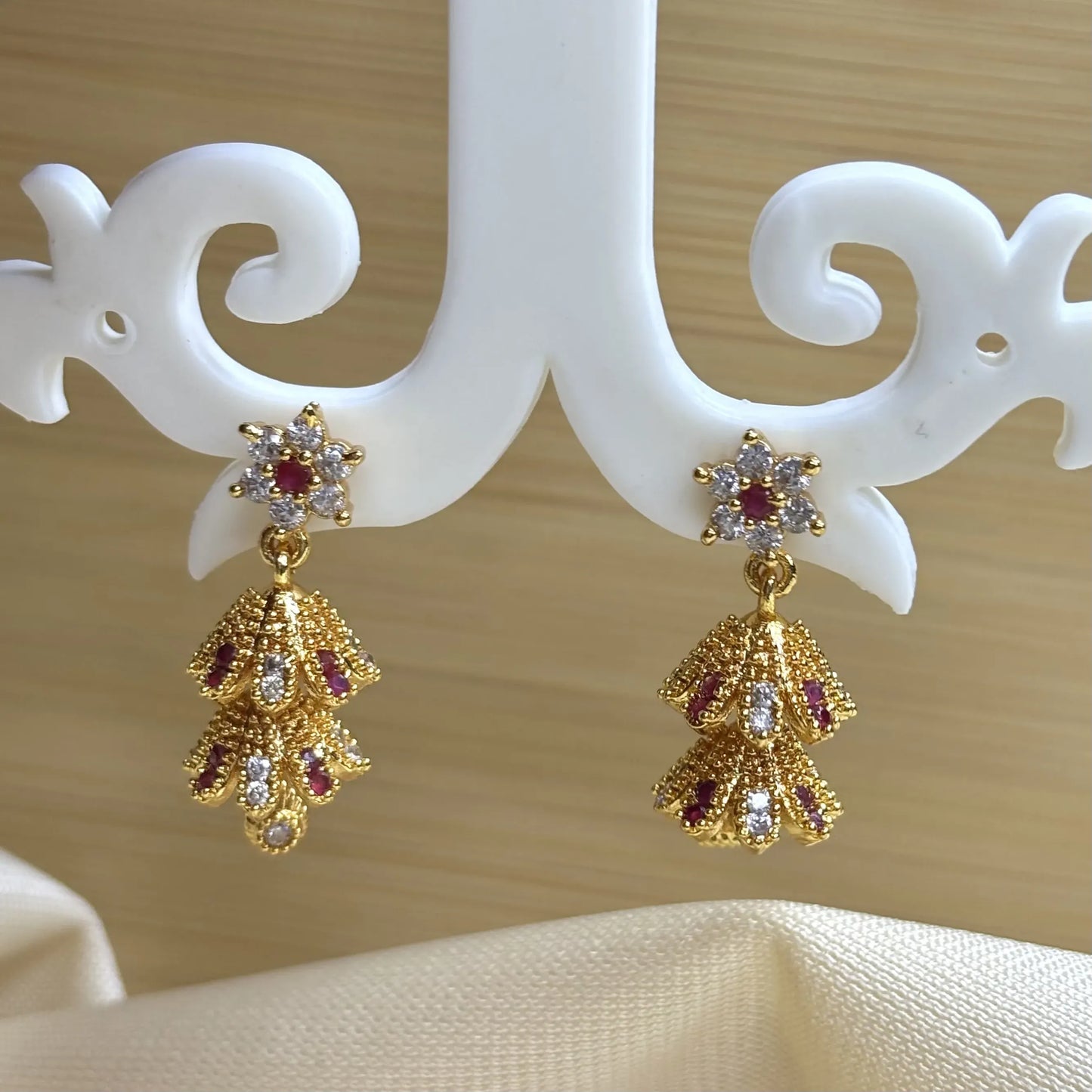 Classic White and Red Stone Jhumkas with Floral Layers | ER-T1-017