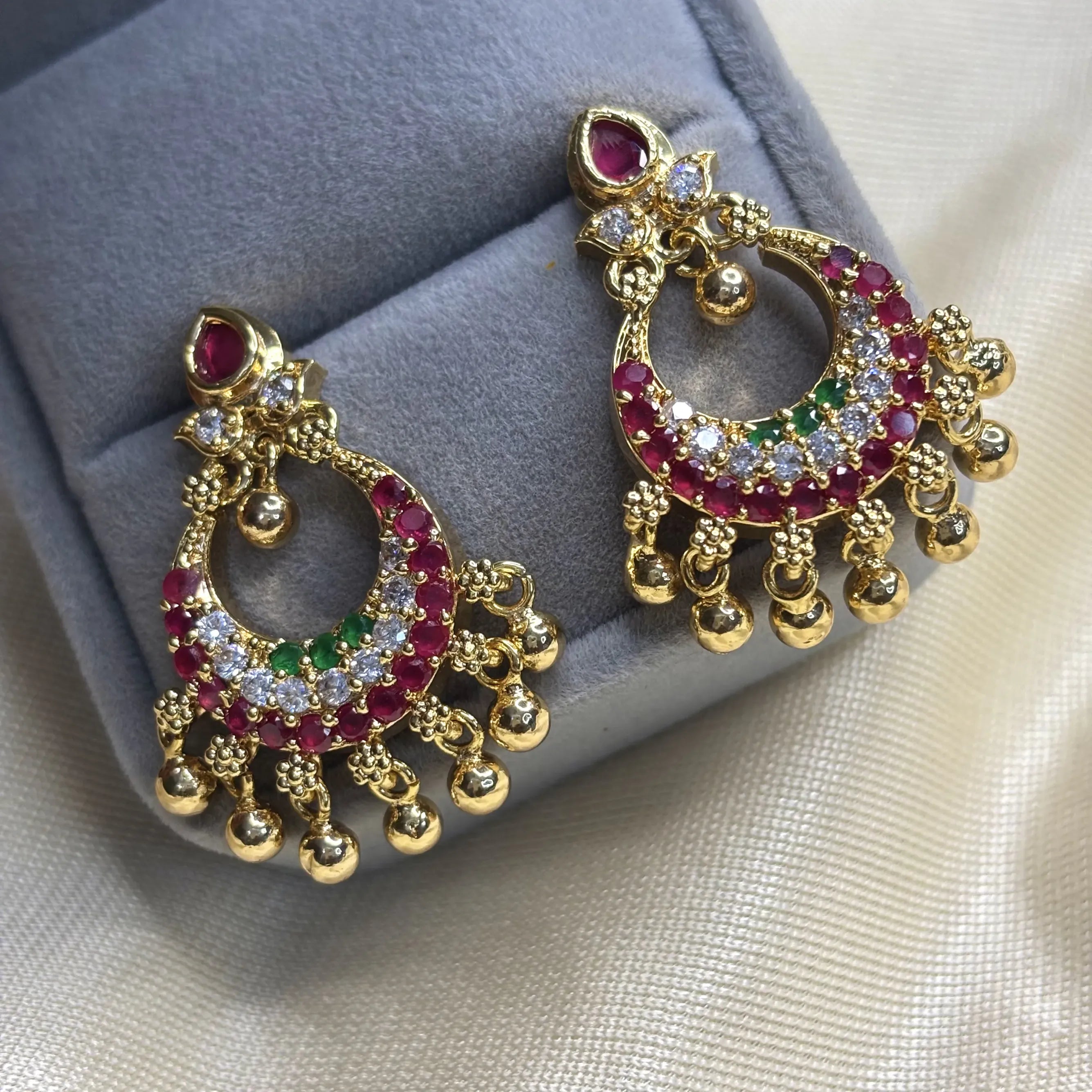 Statement Peacock Jhumkas in Antique Tone with Ruby Red stones | ER-T1-018