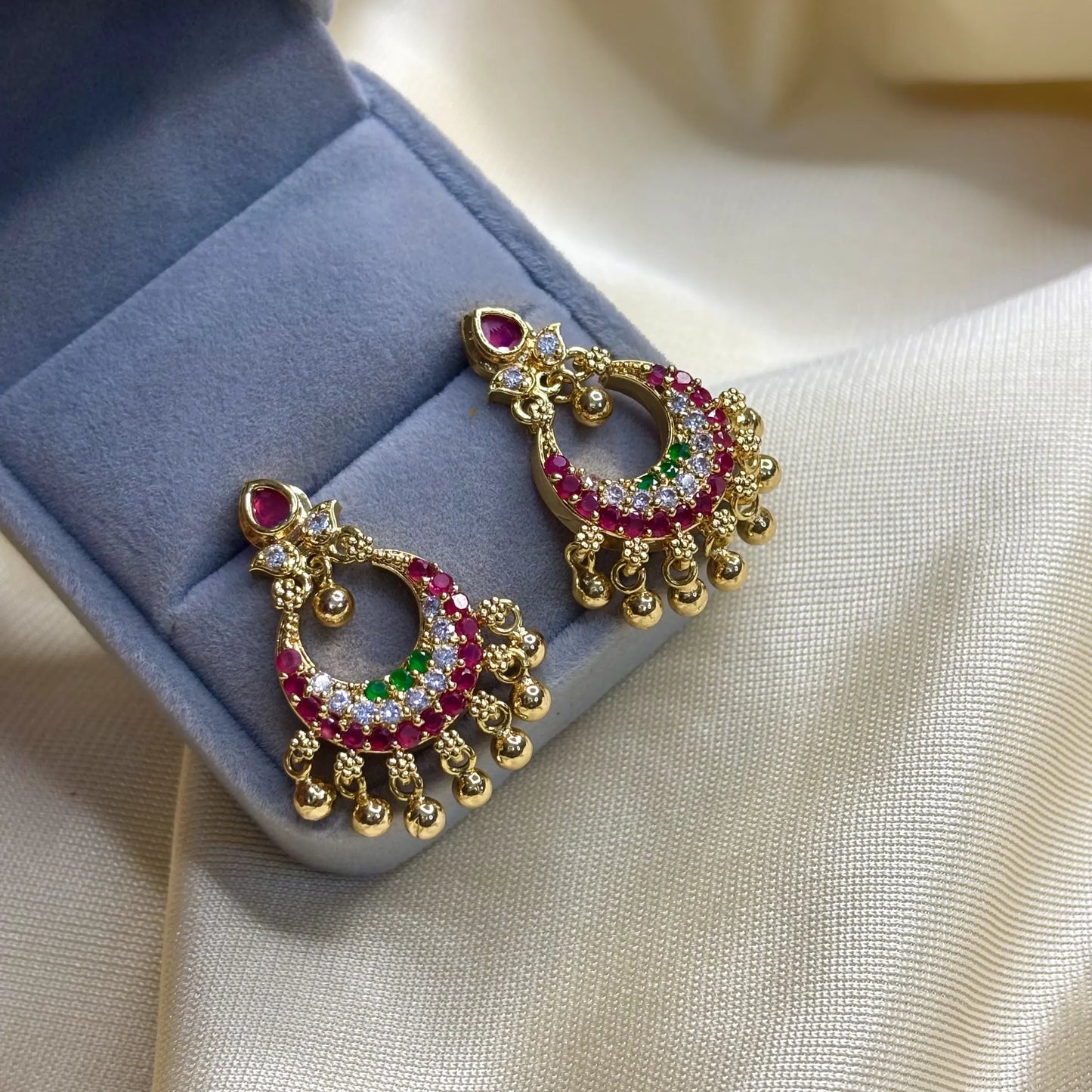 Statement Peacock Jhumkas in Antique Tone with Ruby Red stones | ER-T1-018