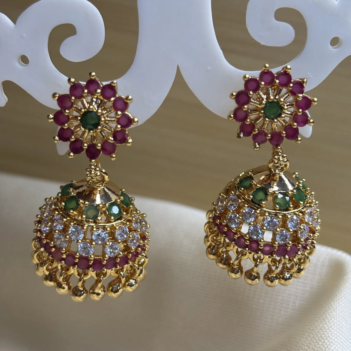 Jhumka Rhinestone Green and Ruby Red Stone Jhumka with Antique Gold Finish | ER-T1-023 ...
