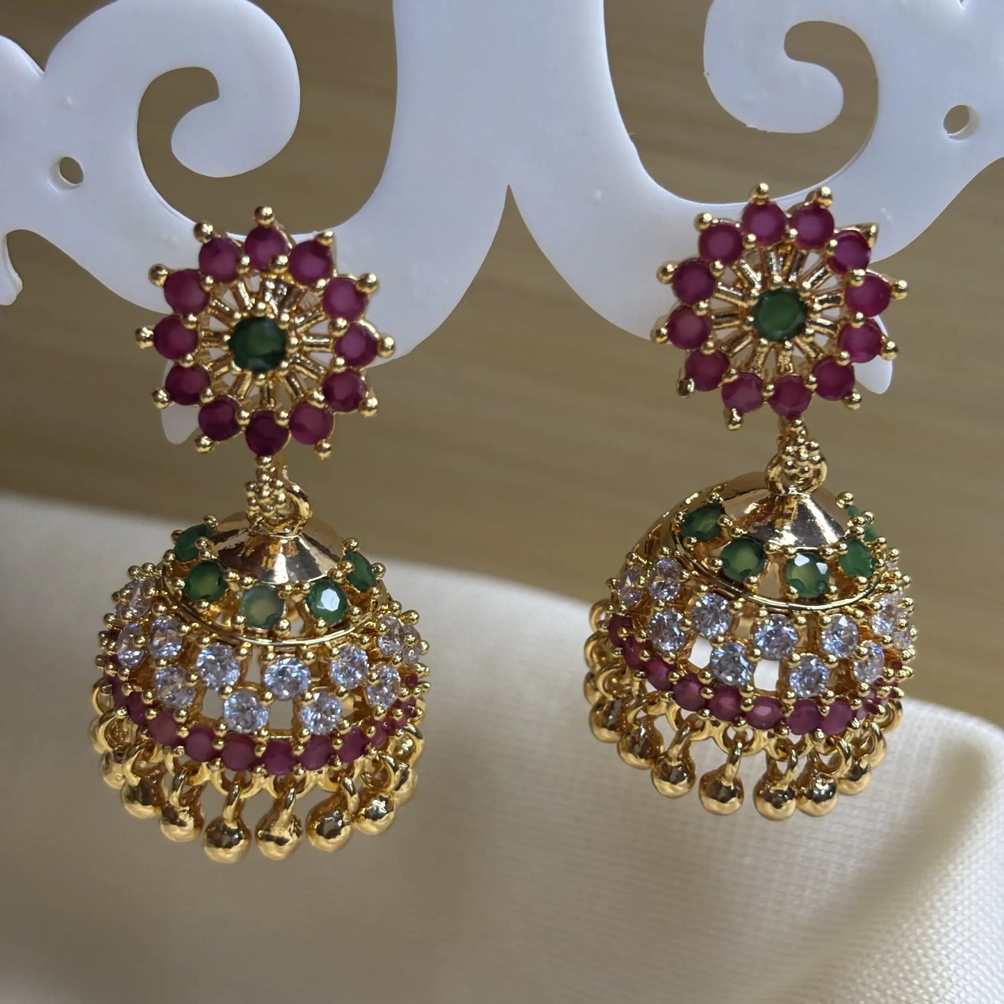 Green and Ruby Red Stone Jhumka with Antique Gold Finish | ER-T1-023