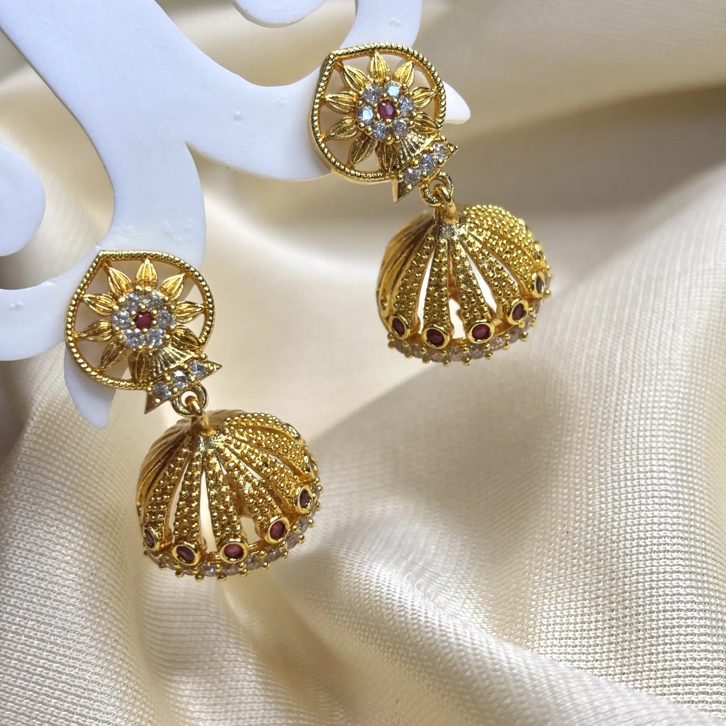 Traditional Sunflower Motif Ruby Jhumkas | ER-T1-026