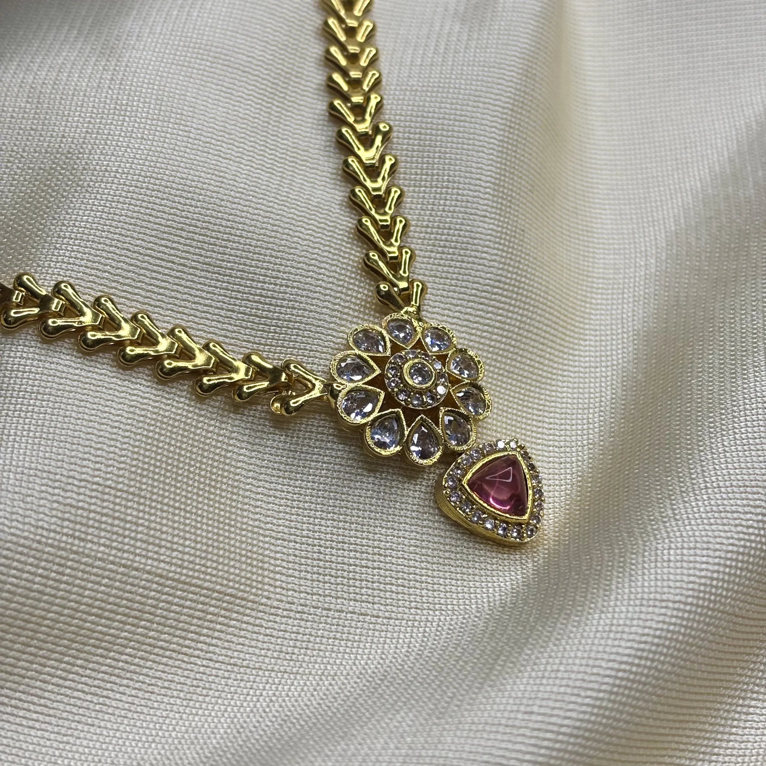 Ruby Red Heart Pendant Choker Set with Floral Jhumkas | CS-B1-001