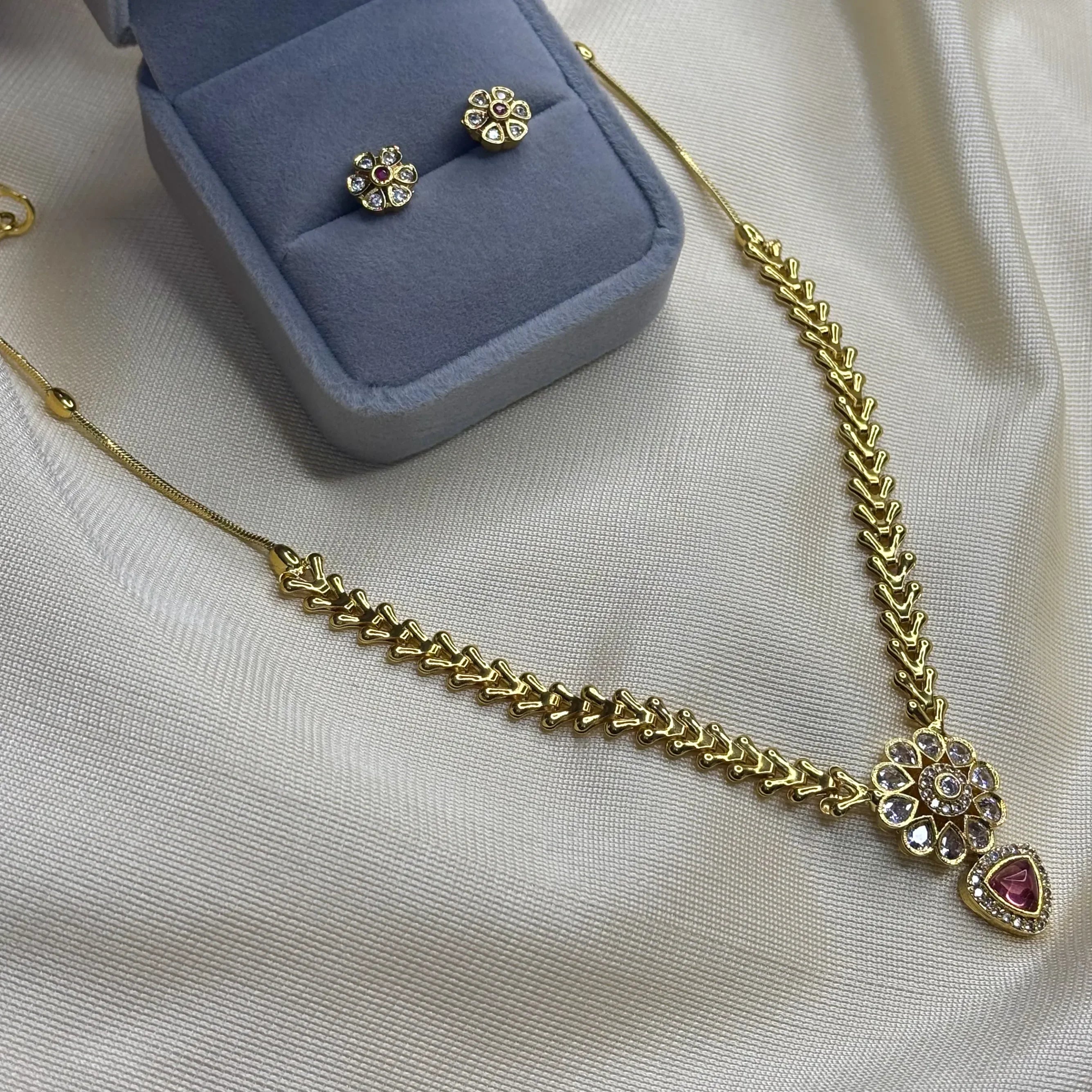 Ruby Red Heart Pendant Choker Set with Floral Jhumkas | CS-B1-001