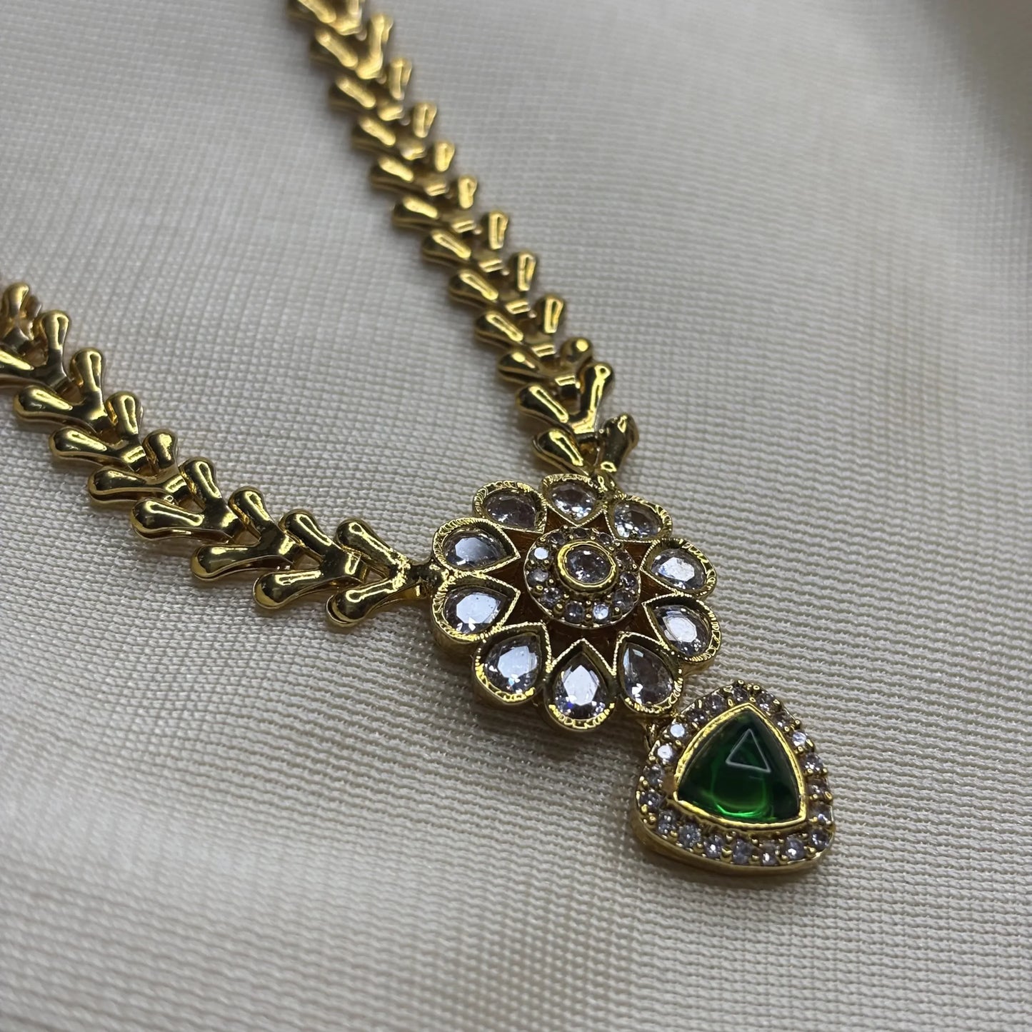 Green Heart Pendant Choker Set with Floral Jhumkas | CS-B1-002