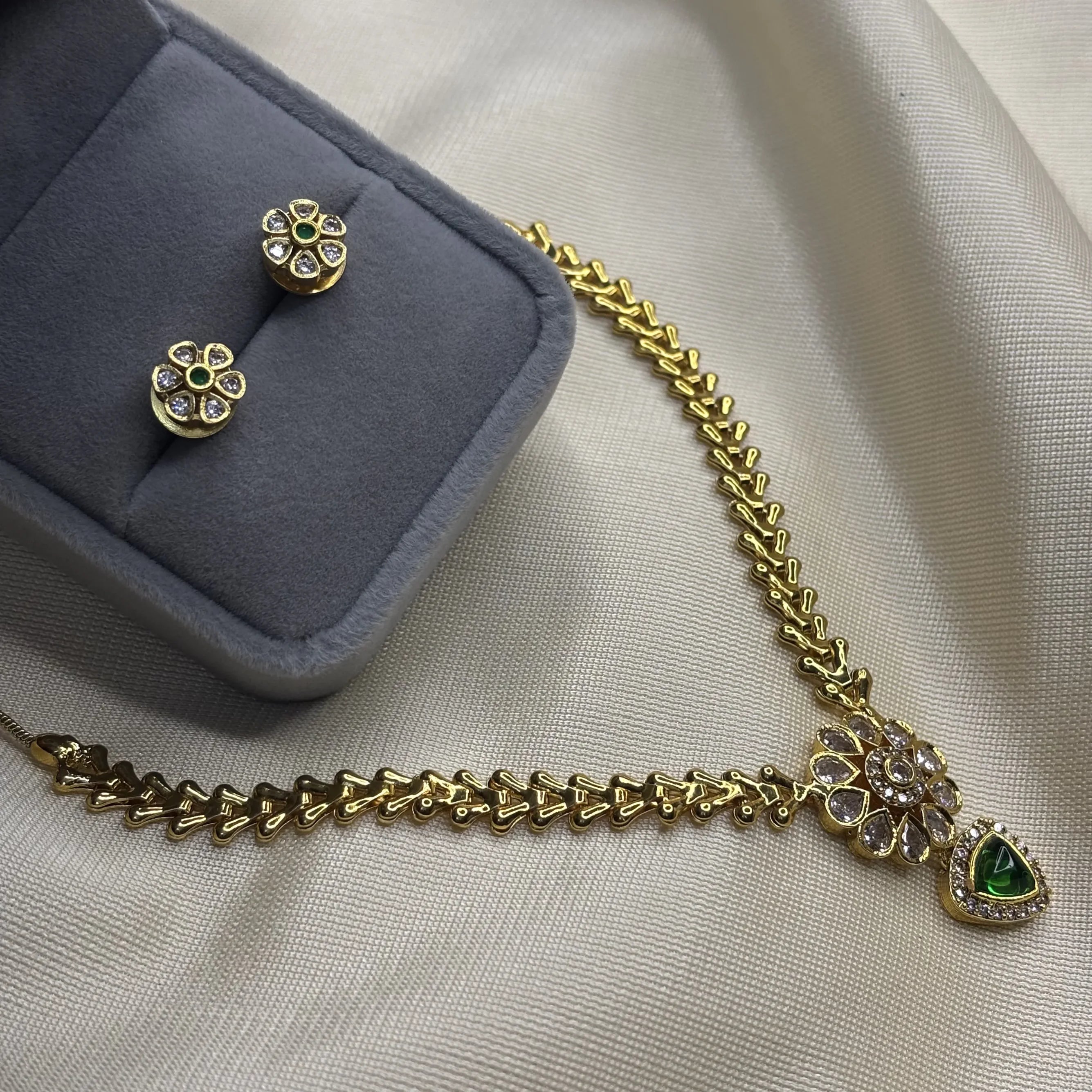 Green Heart Pendant Choker Set with Floral Jhumkas | CS-B1-002