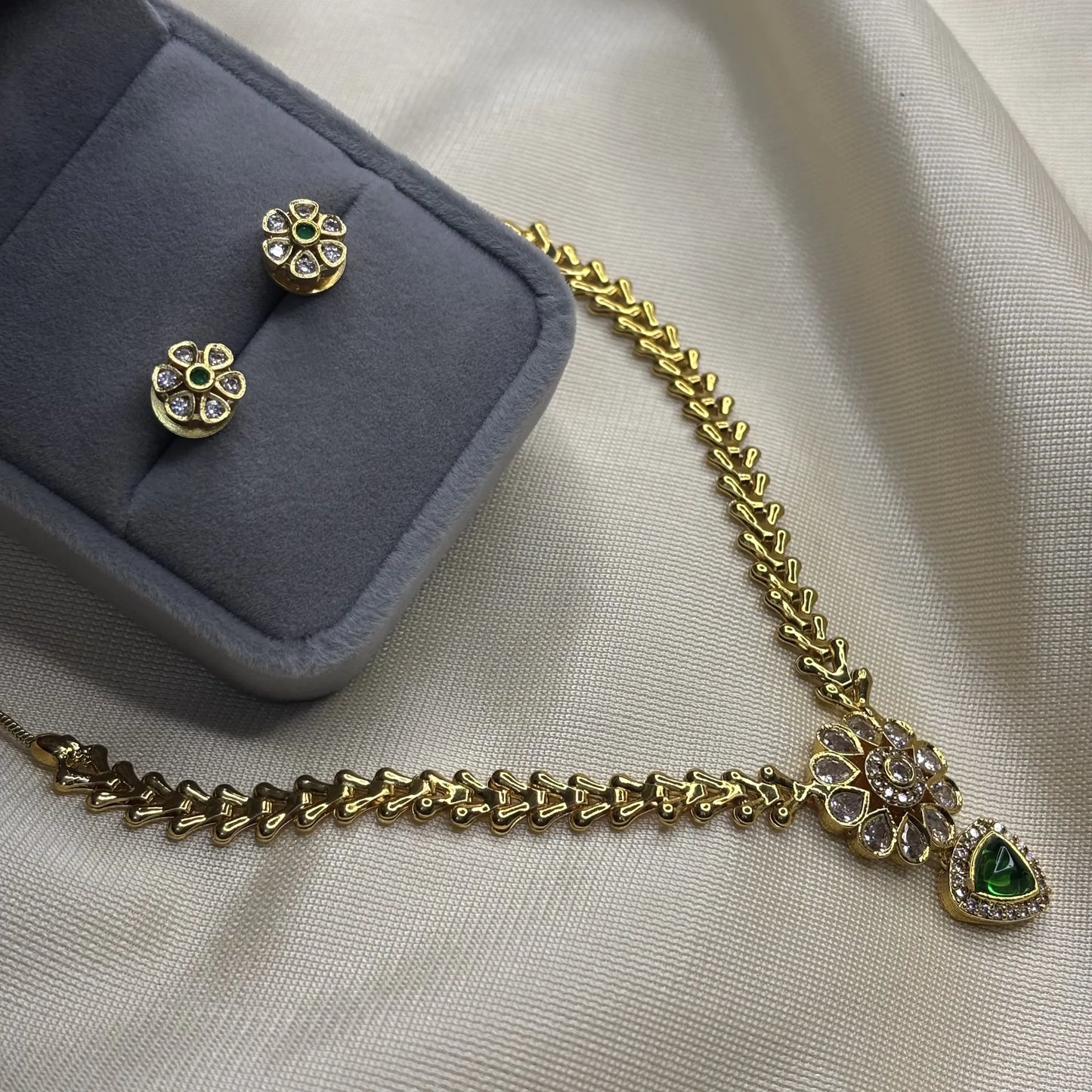 Green Heart Pendant Choker Set with Floral Jhumkas | CS-B1-002