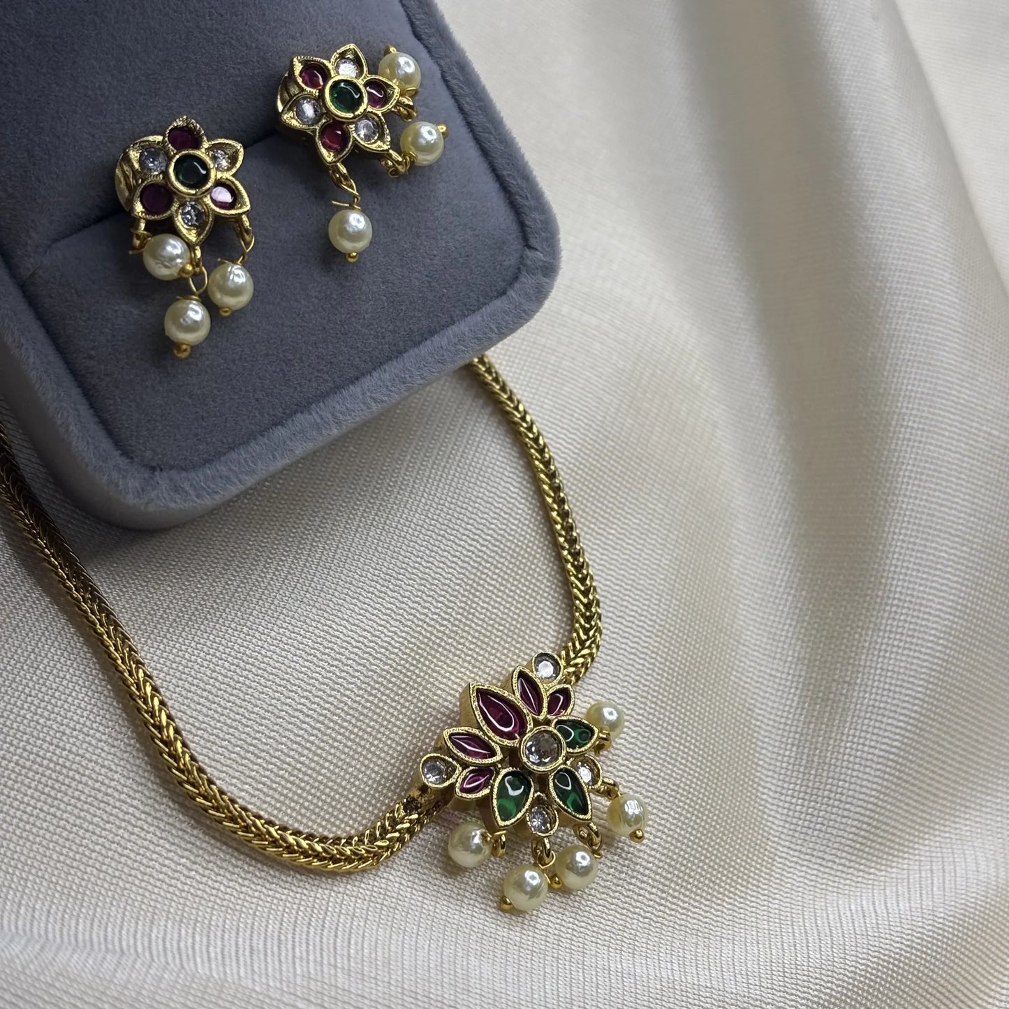 Antique Green and Red Temple Necklace with Pearl Drops | CS-B1-003