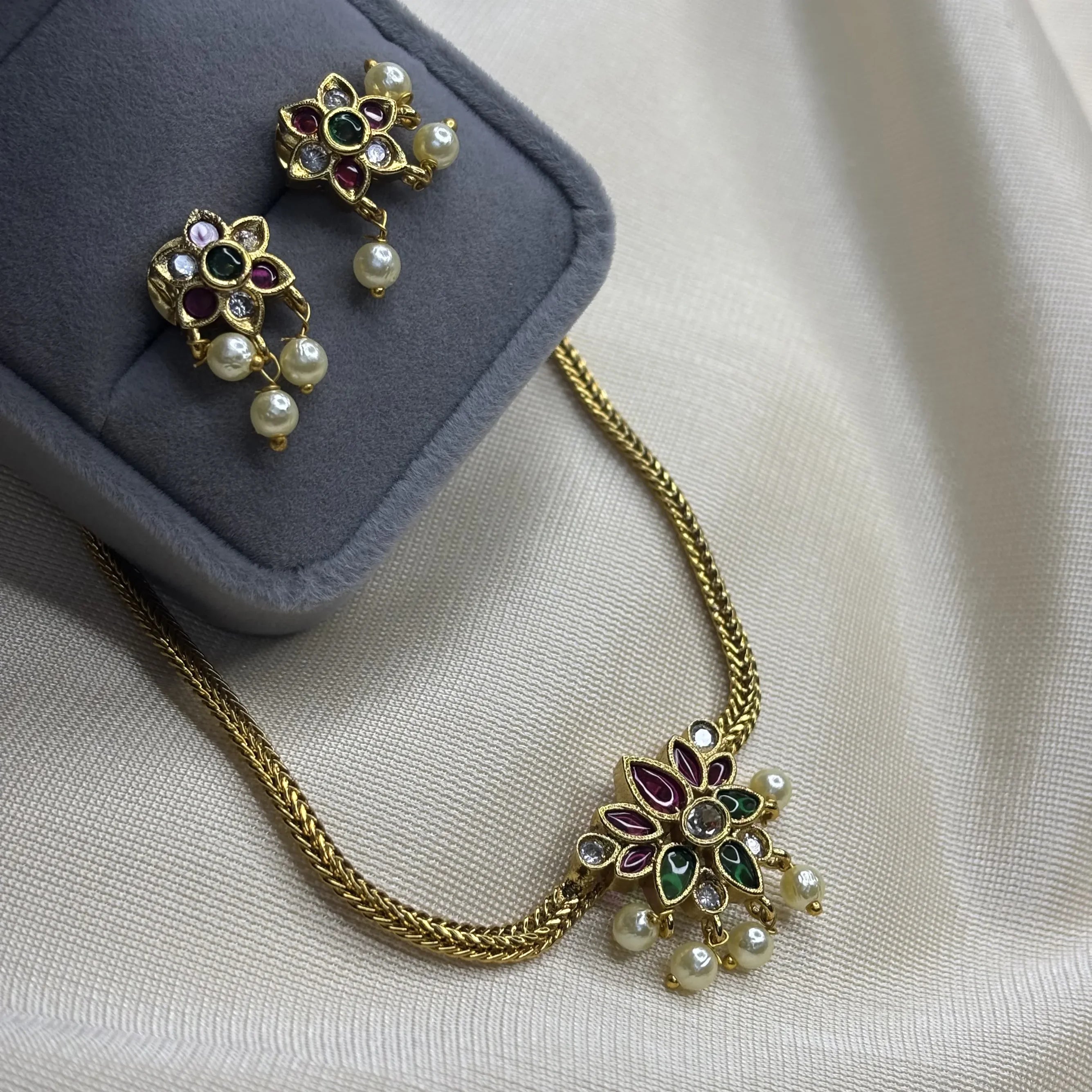 Antique Green and Red Temple Necklace with Pearl Drops | CS-B1-003