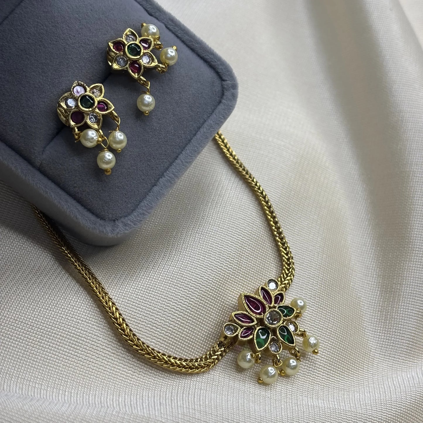 Antique Green and Red Temple Necklace with Pearl Drops | CS-B1-003