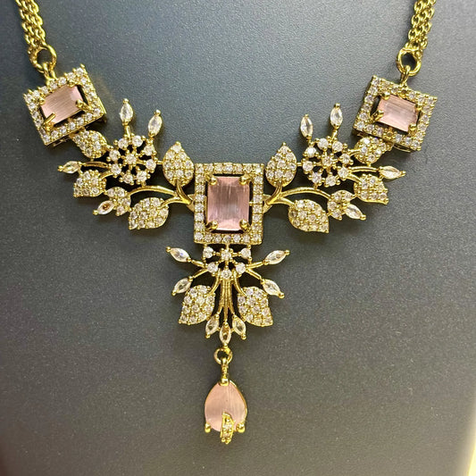 Sparkling Baby Pink Gemstone Necklace with White stone Leaves | CS-B1-008