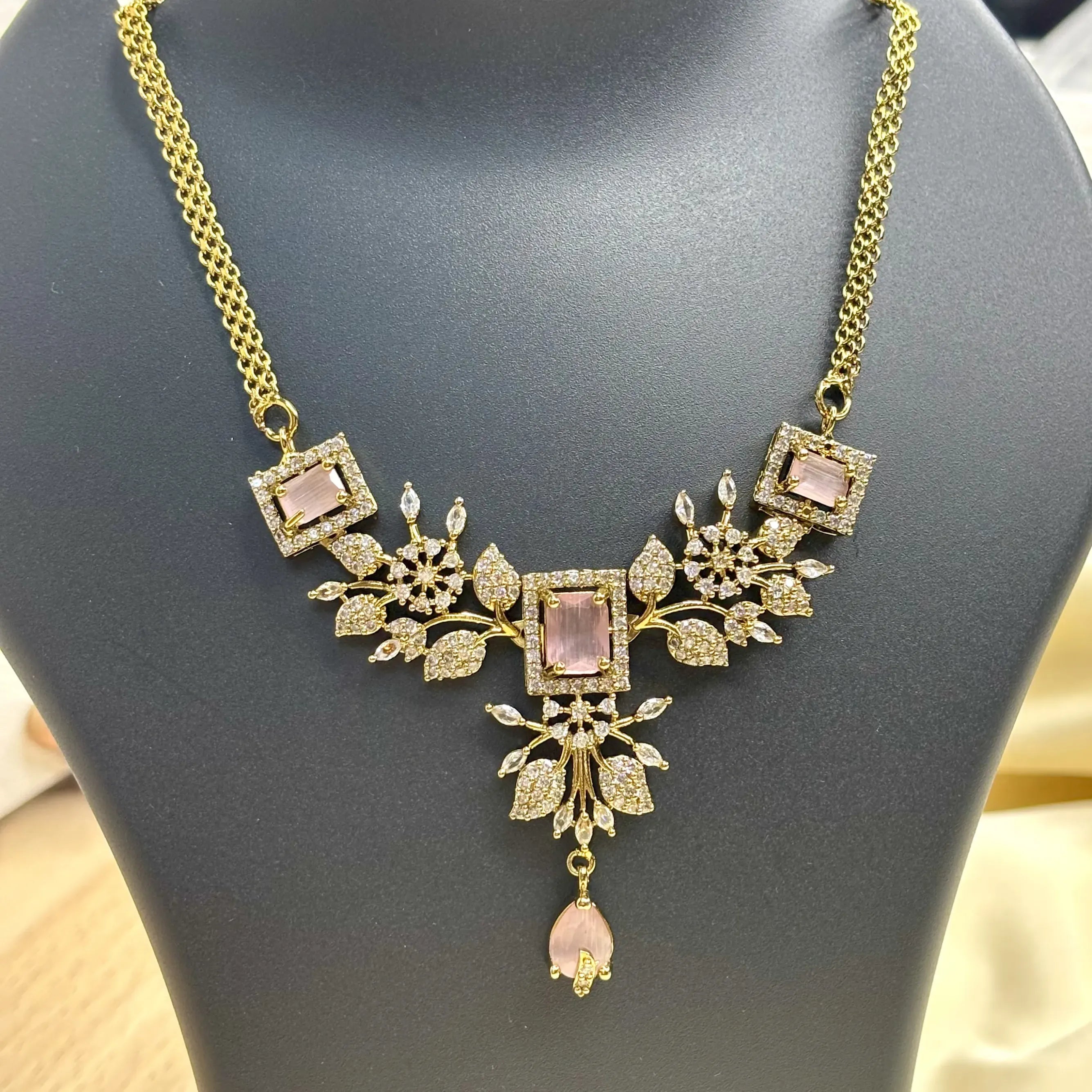 Sparkling Baby Pink Gemstone Necklace with White stone Leaves | CS-B1-008