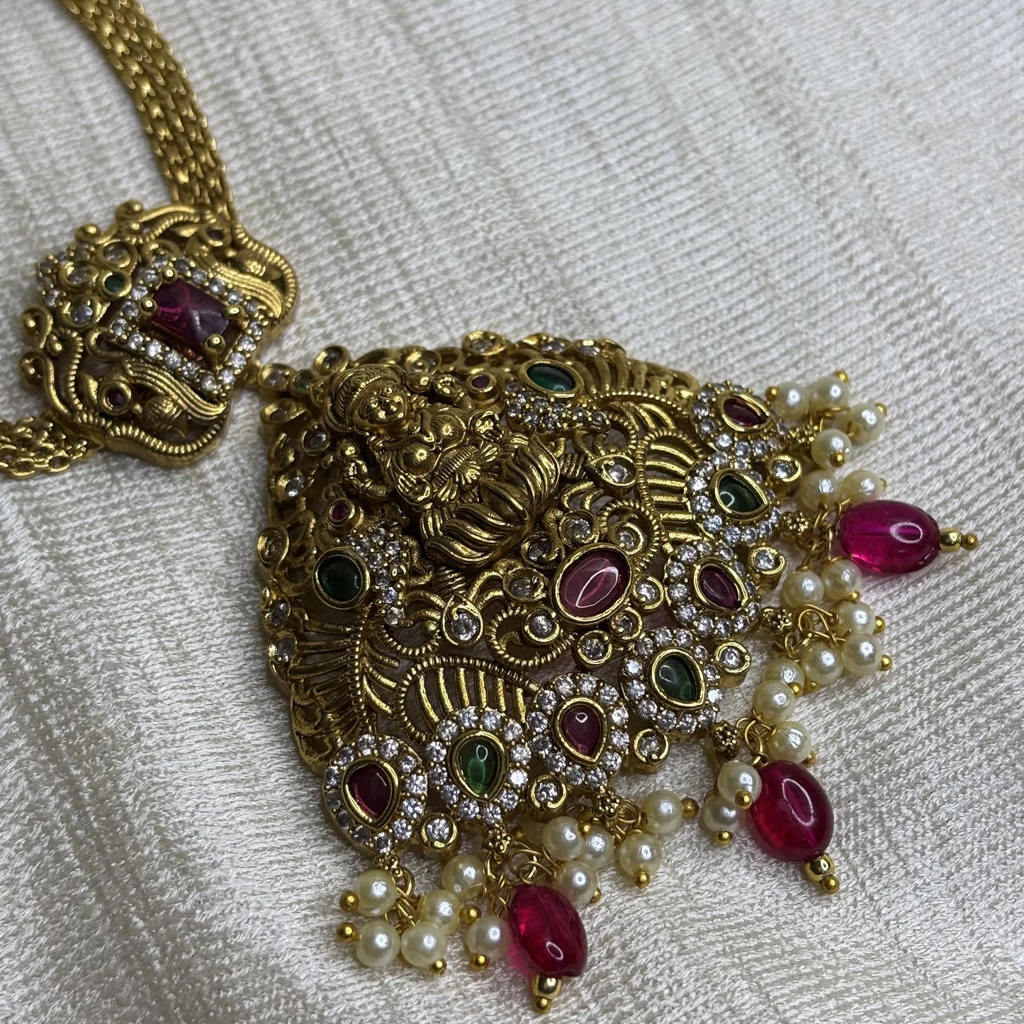 Antique Lakshmi Necklace with Ruby Beads & Pearl Danglers | CS-B1-011
