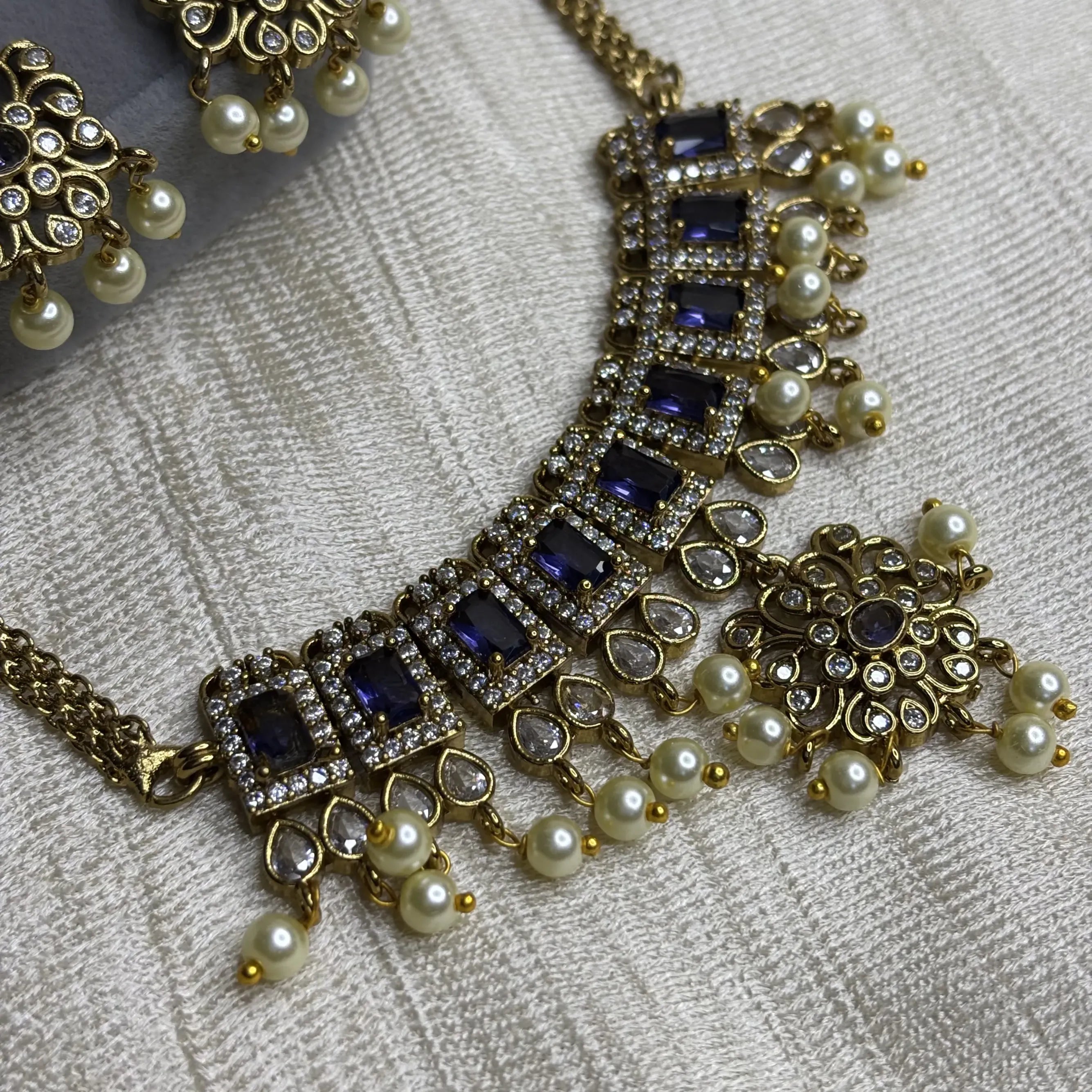Regal Blue Stone Necklace Set with Pearl Drops | CS-B1-012
