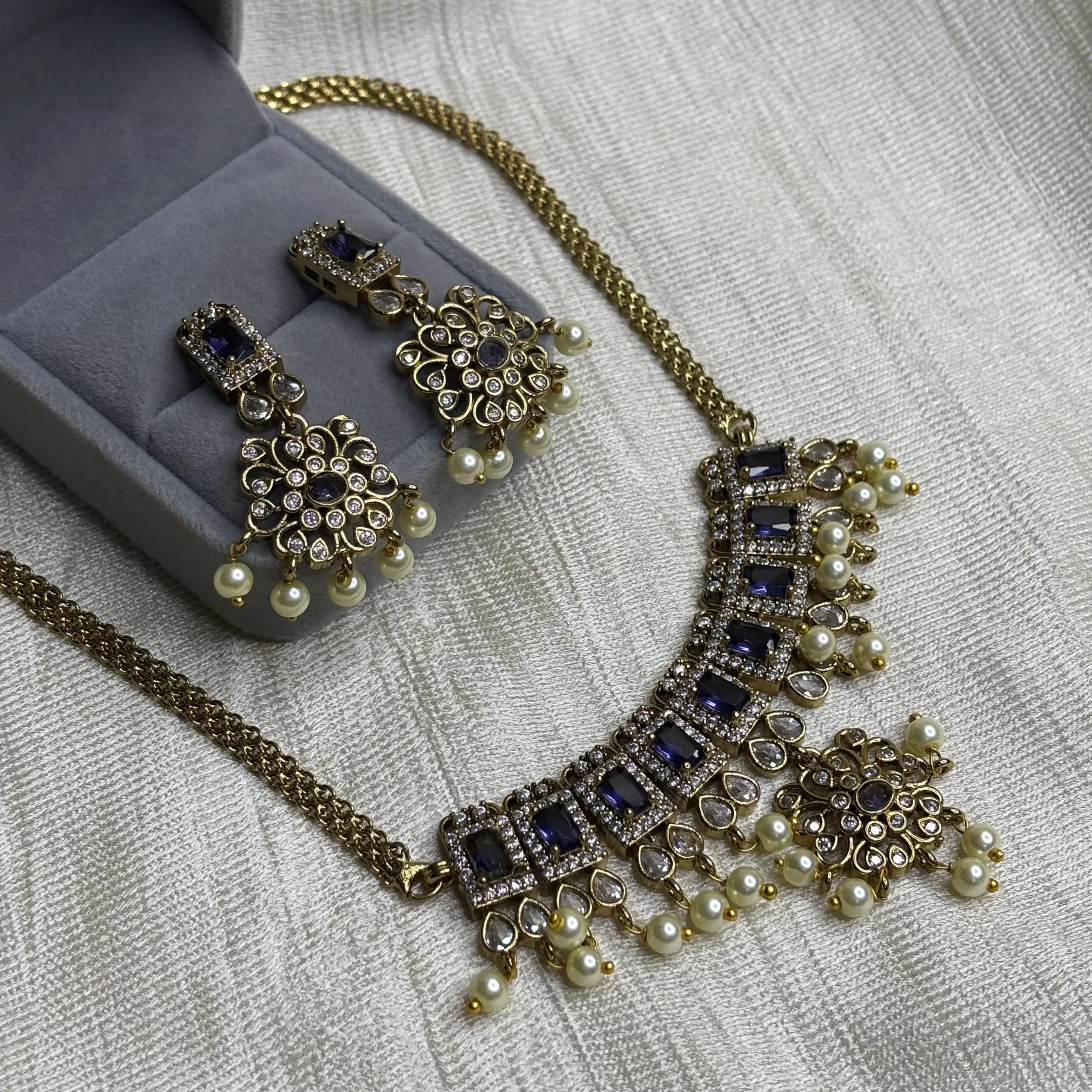 Regal Blue Stone Necklace Set with Pearl Drops | CS-B1-012