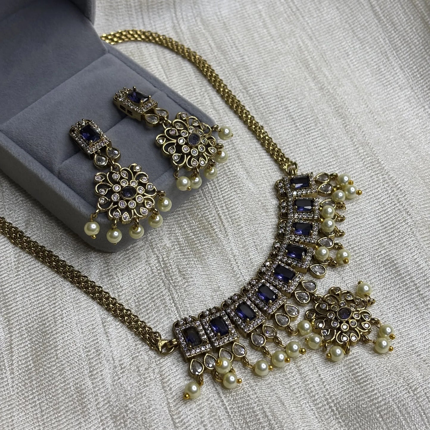 Regal Blue Stone Necklace Set with Pearl Drops | CS-B1-012