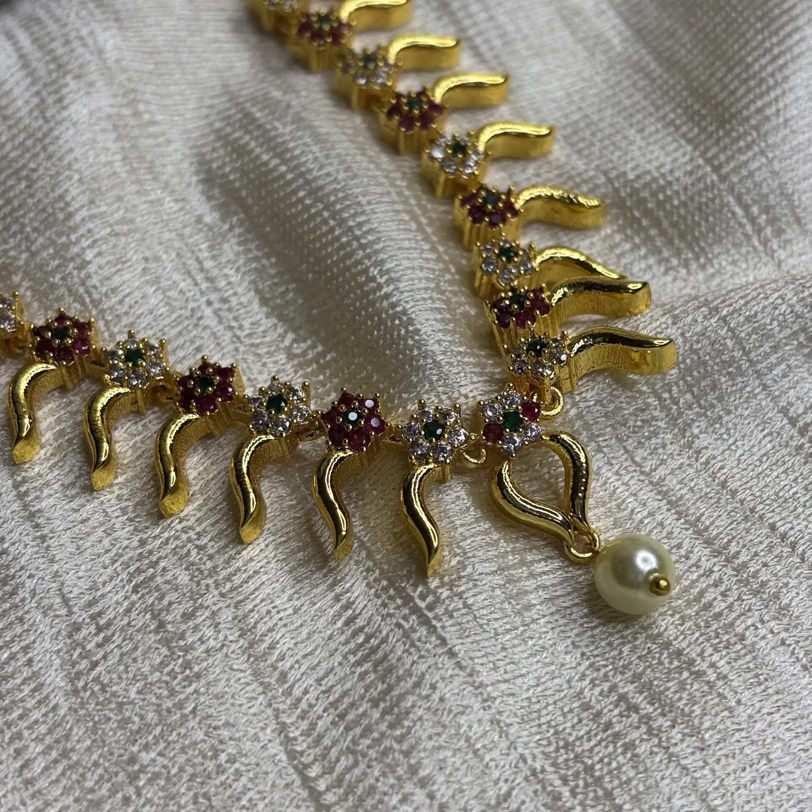 Gold-Plated Floral Payal Necklace Set with Pearl Drop Earrings | CS-B1-016