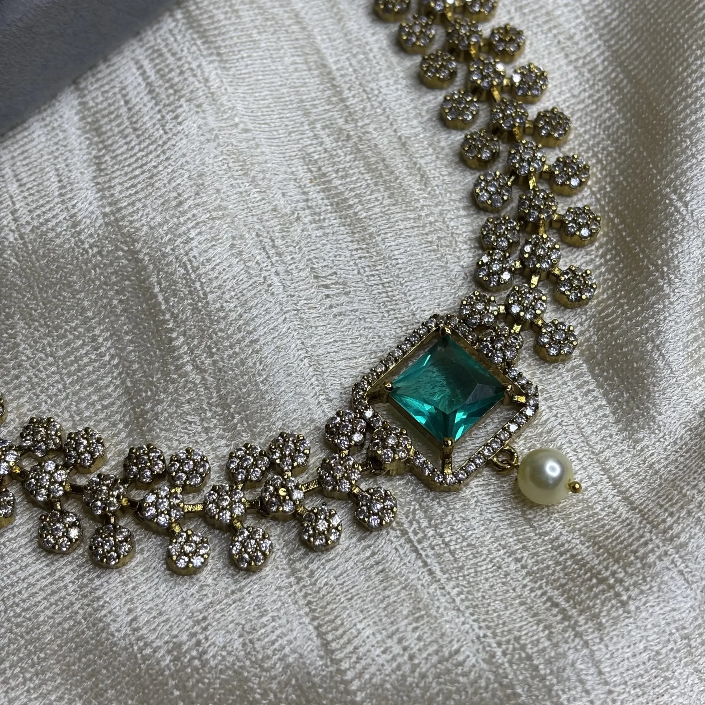 Green Stone Jhumka Necklace Set with Floral Work | CS-B1-017