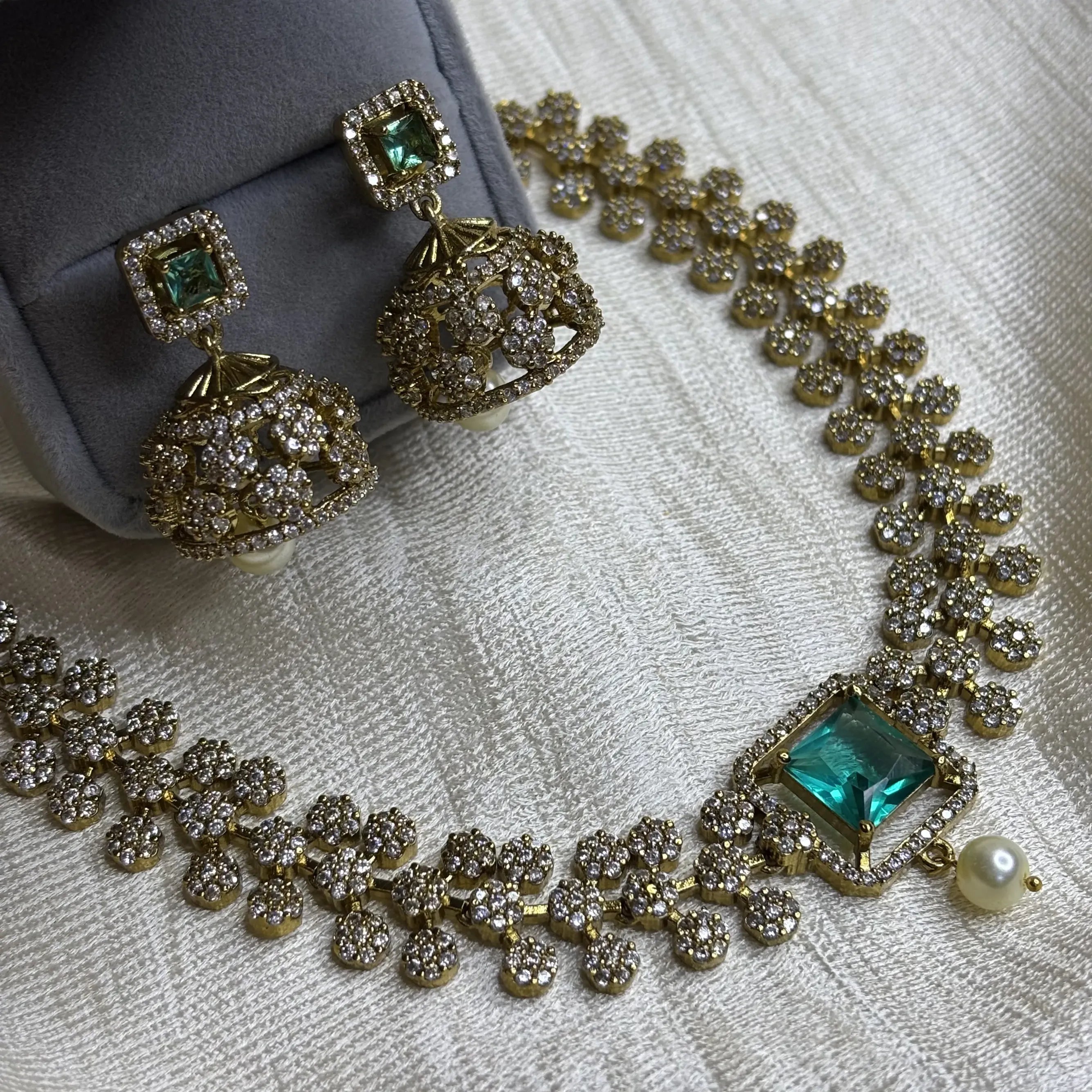 Green Stone Jhumka Necklace Set with Floral Work | CS-B1-017