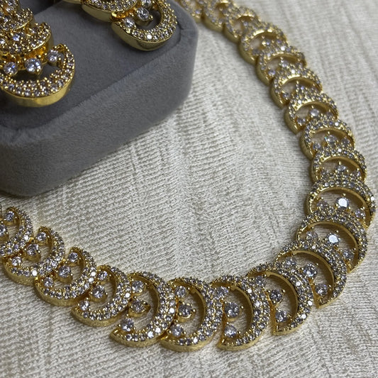 Gold-Plated Crescent Necklace Set with Stones | CS-B1-018
