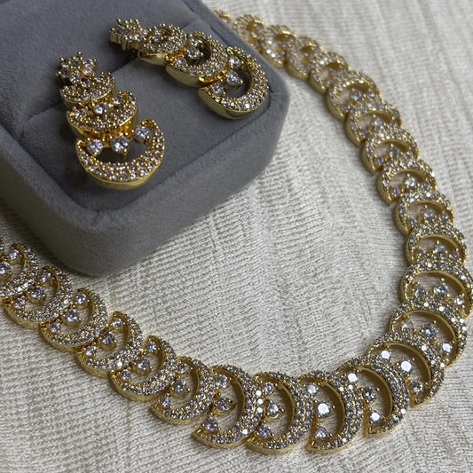Gold-Plated Crescent Necklace Set with Stones | CS-B1-018