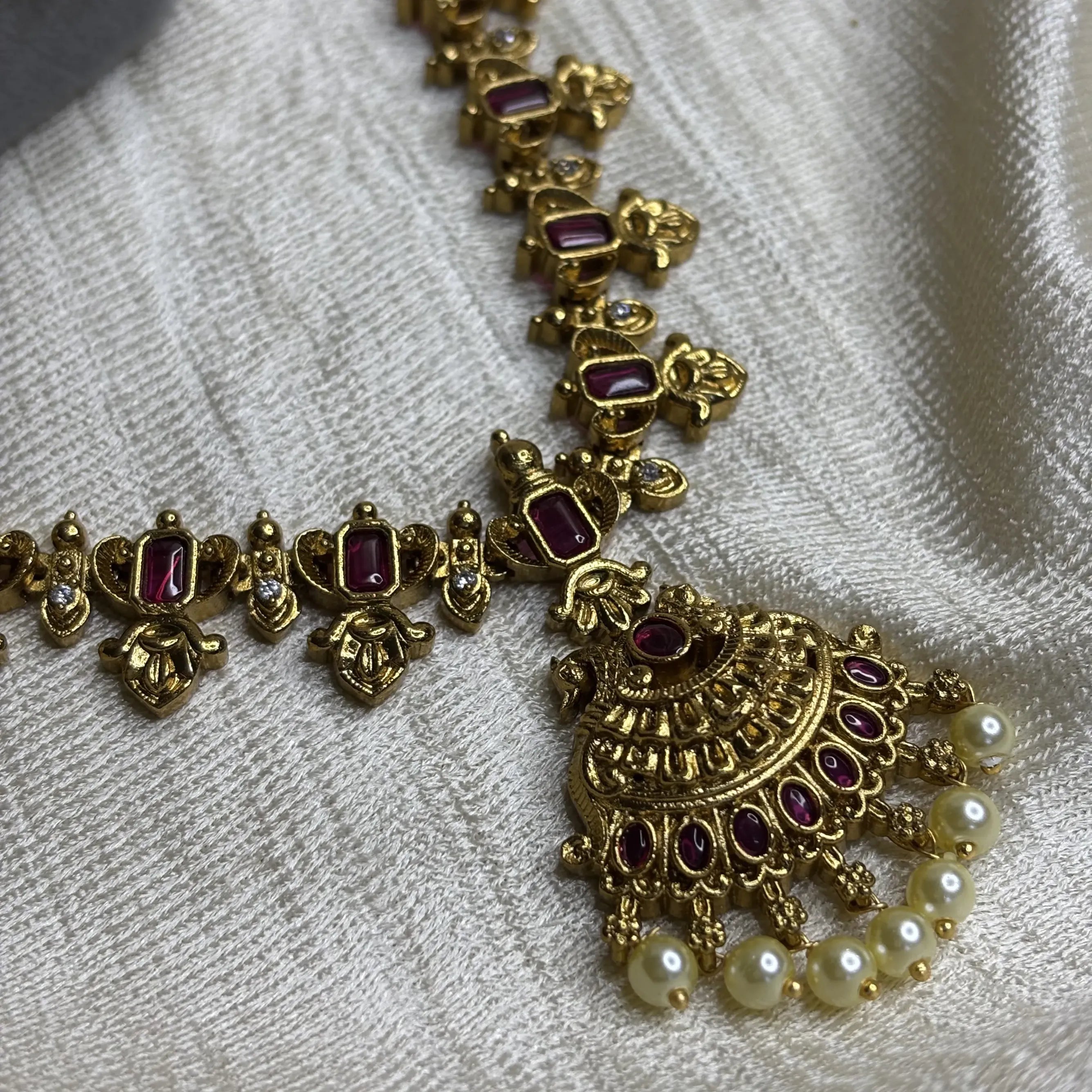 Temple Style Ruby Stone Necklace with Antique Finish | CS-B1-019