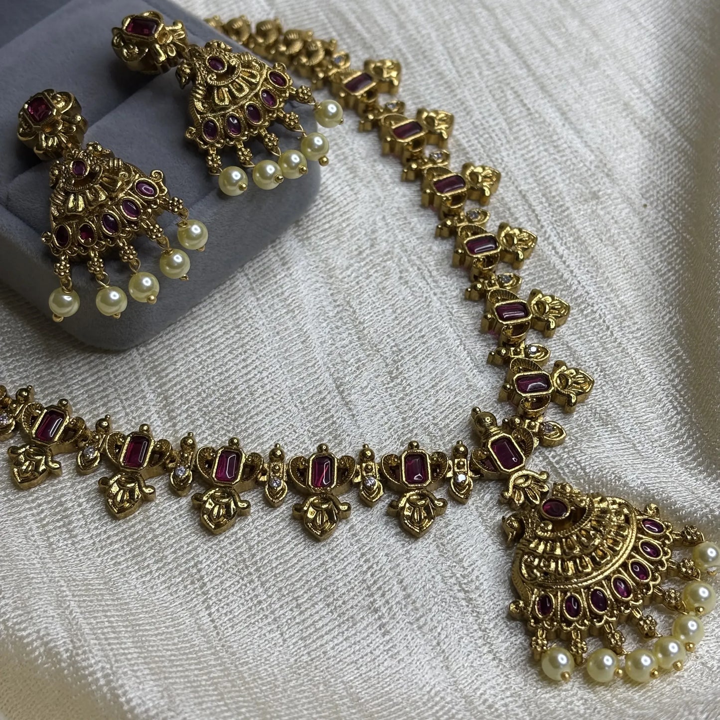Temple Style Ruby Stone Necklace with Antique Finish | CS-B1-019