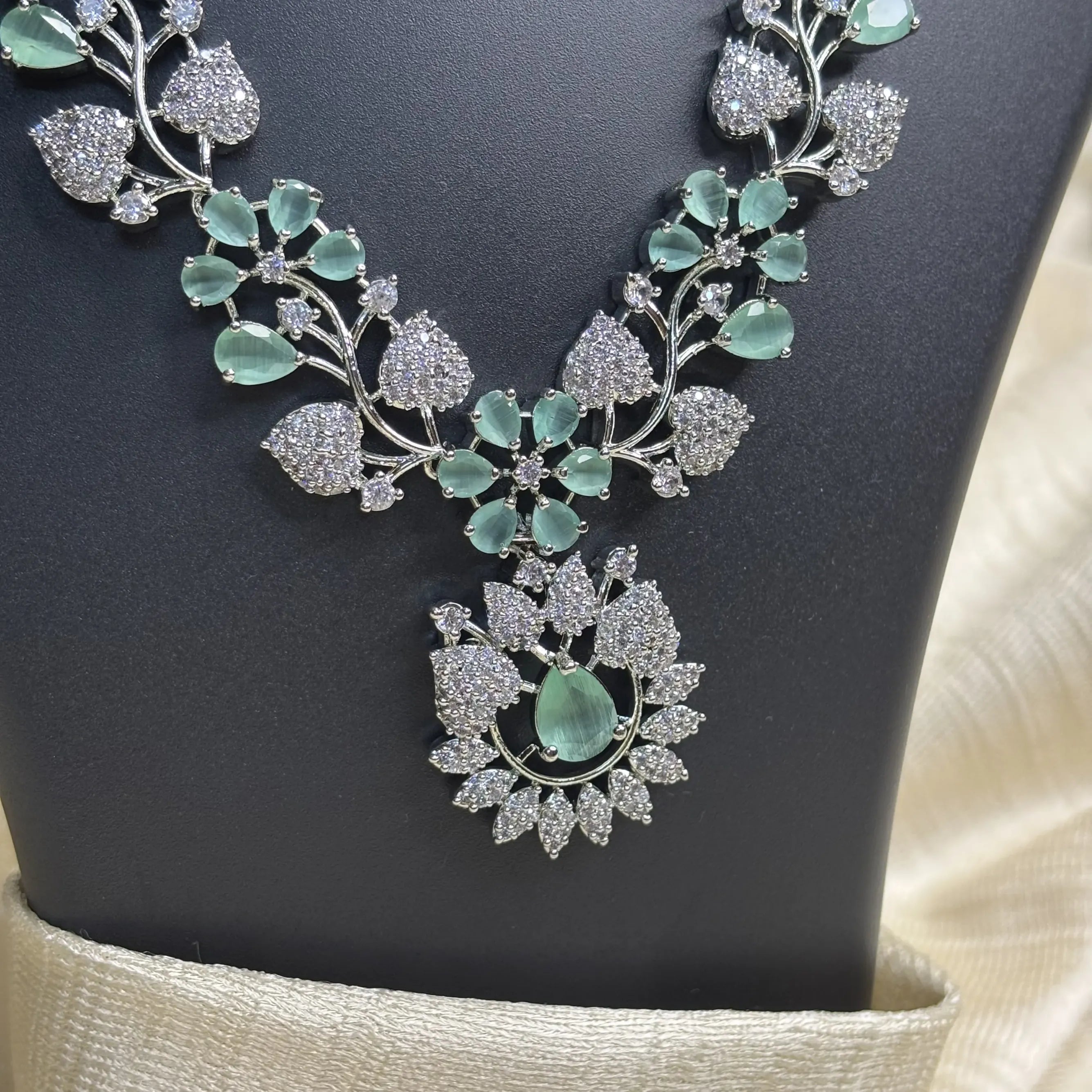 Mint Green Floral Statement Necklace Set with Earrings | CS-B1-022