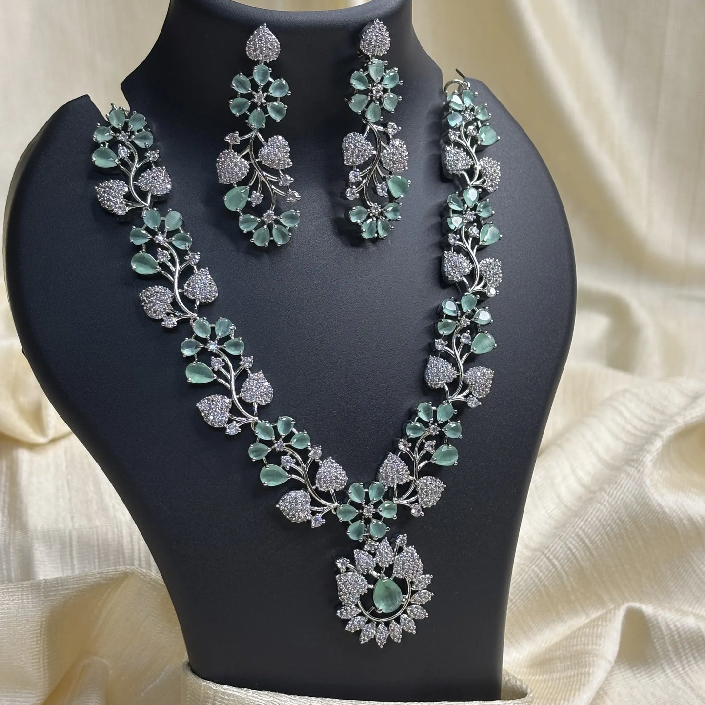 Mint Green Floral Statement Necklace Set with Earrings | CS-B1-022
