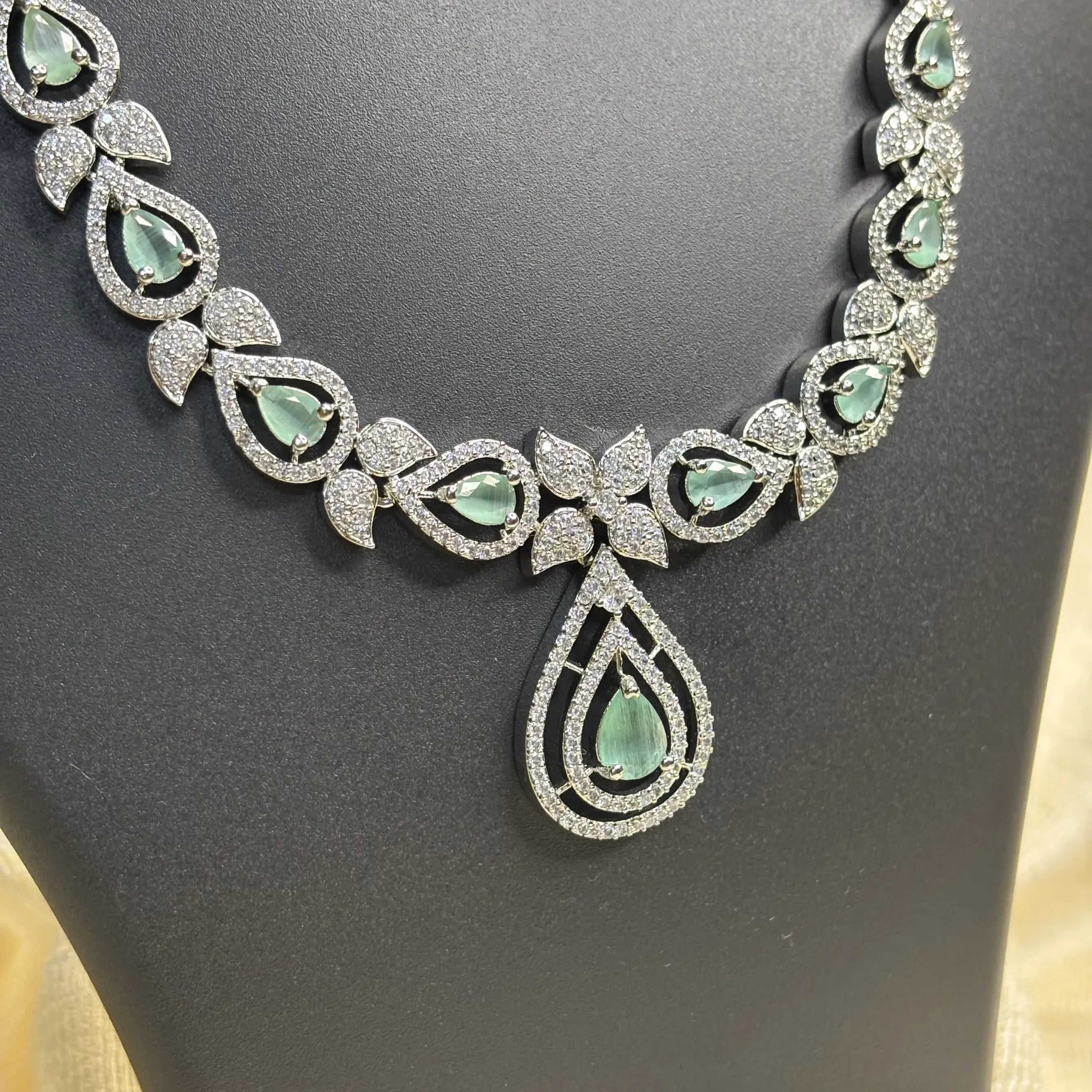 Mint Green Floral Motif Necklace Set with Earrings | CS-B1-020