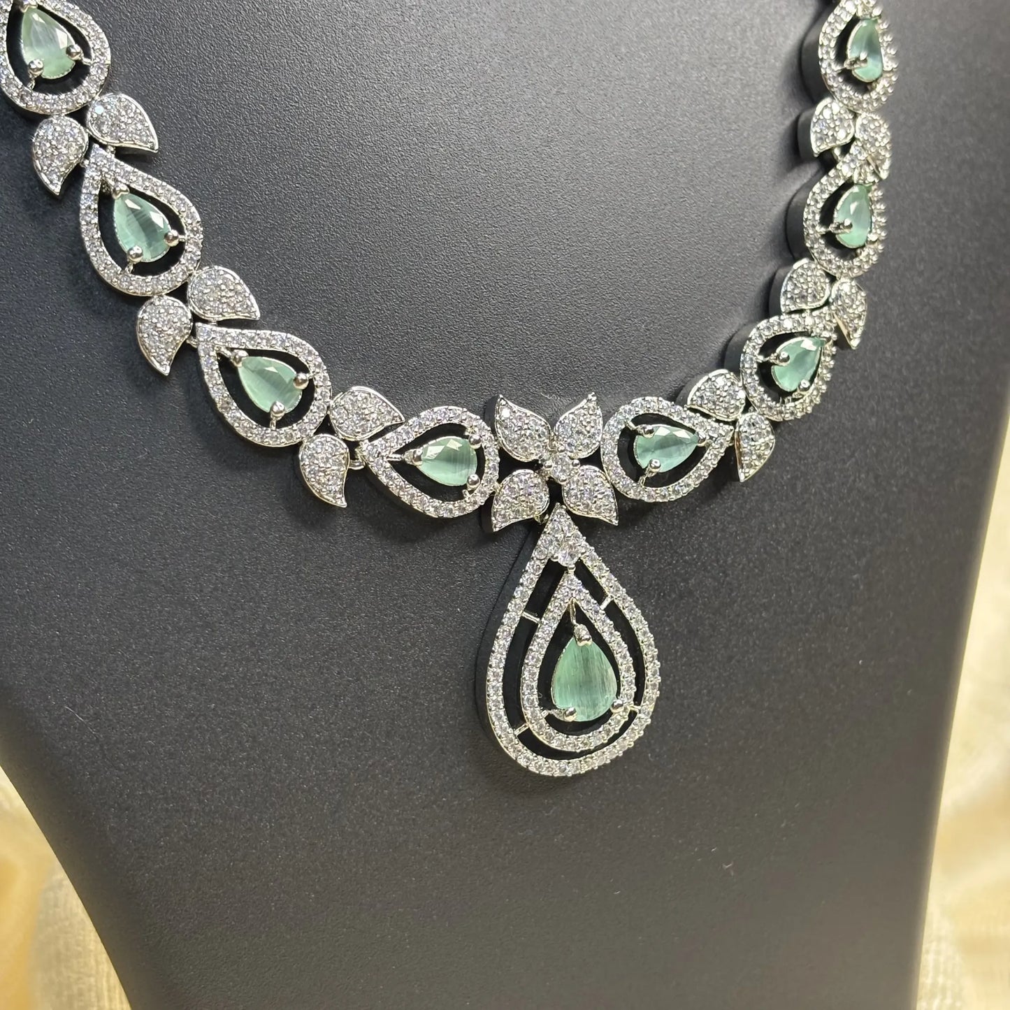 Mint Green Floral Motif Necklace Set with Earrings | CS-B1-020