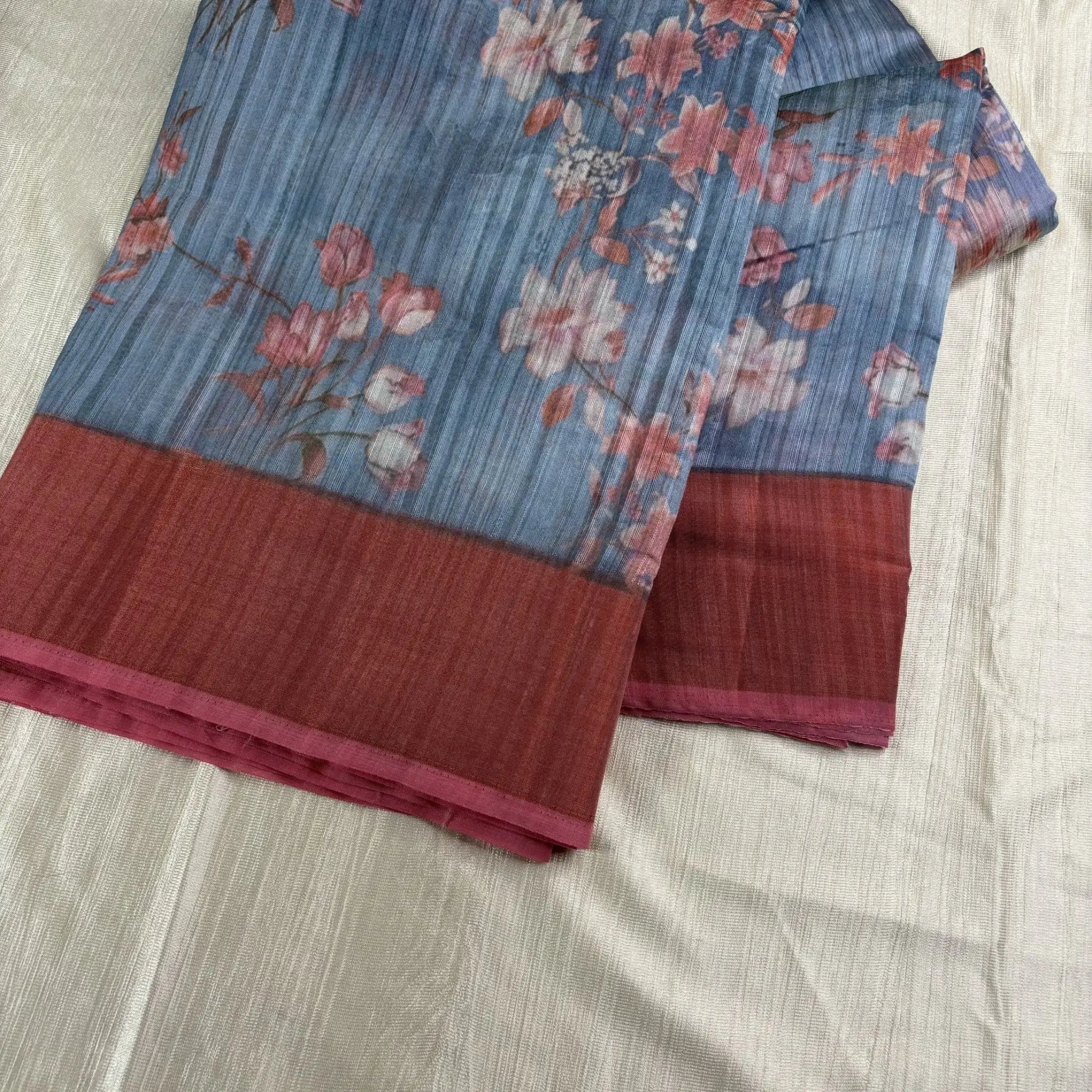 Monsoon Bloom Matka Saree in Blue & Rosewood | K0-006
