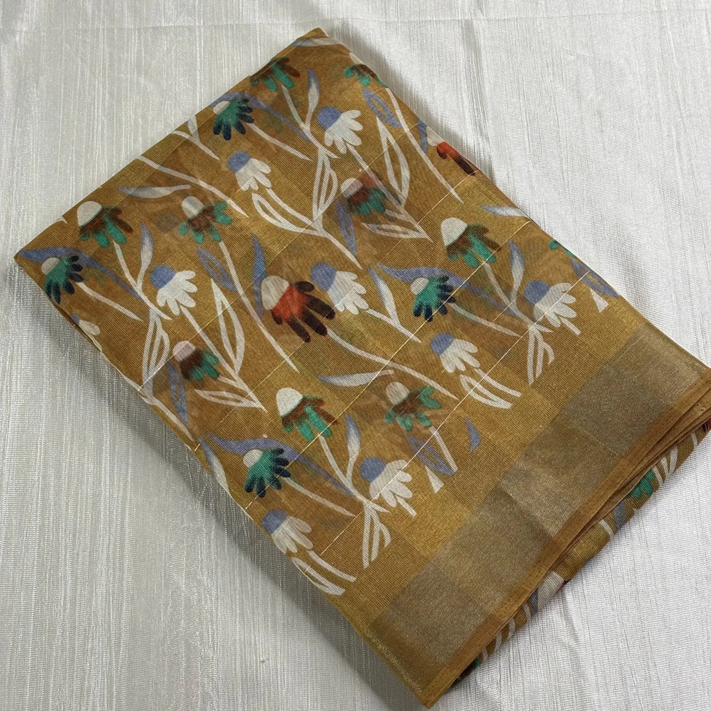 Kankavati Bloom in Mustard Gold – Digital Print Matka Silk Saree | L1-002