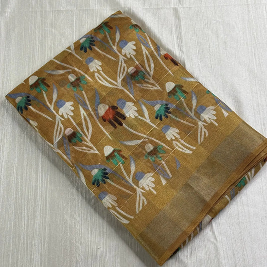 Kankavati Bloom in Mustard Gold – Digital Print Matka Silk Saree | L1-002