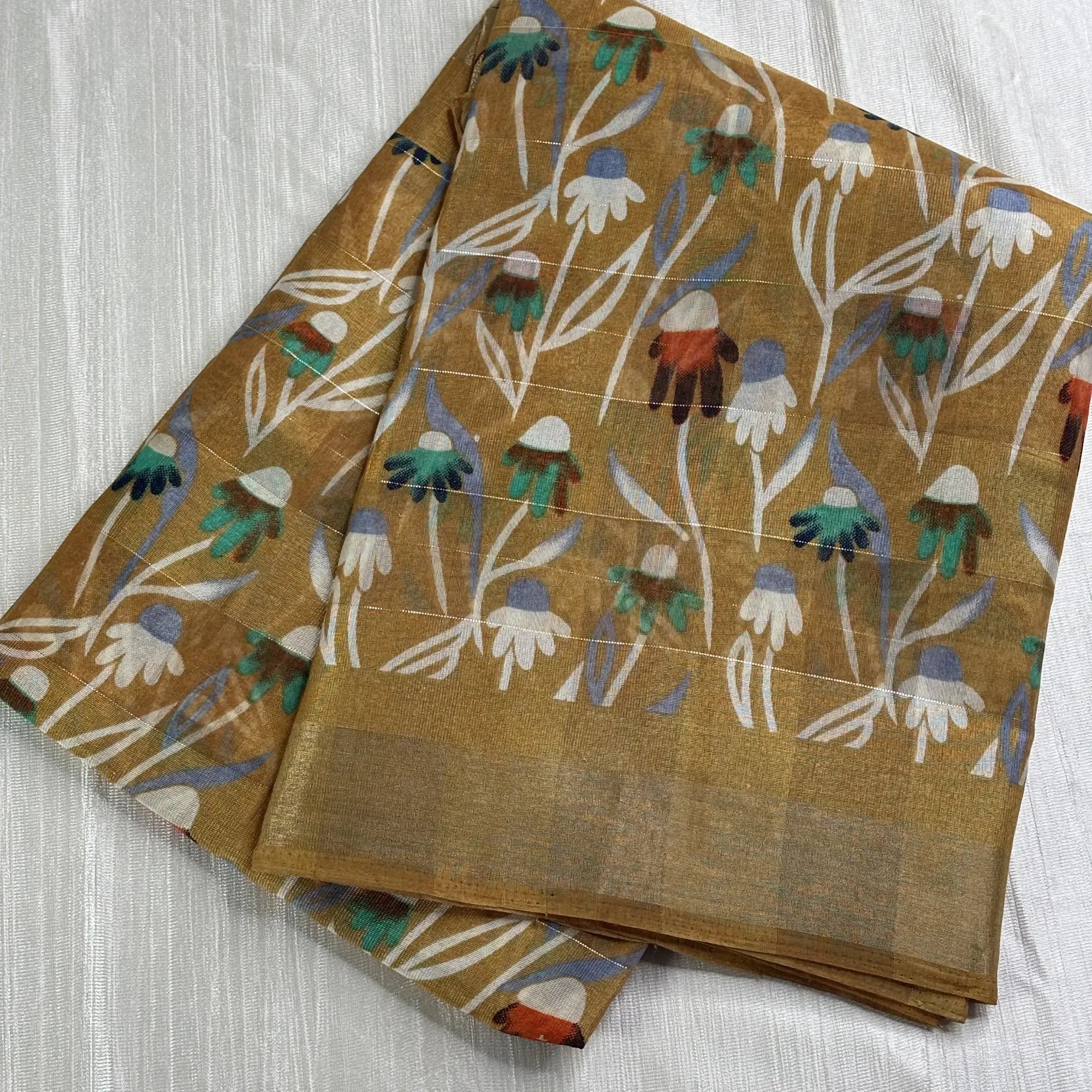 Kankavati Bloom in Mustard Gold – Digital Print Matka Silk Saree | L1-002